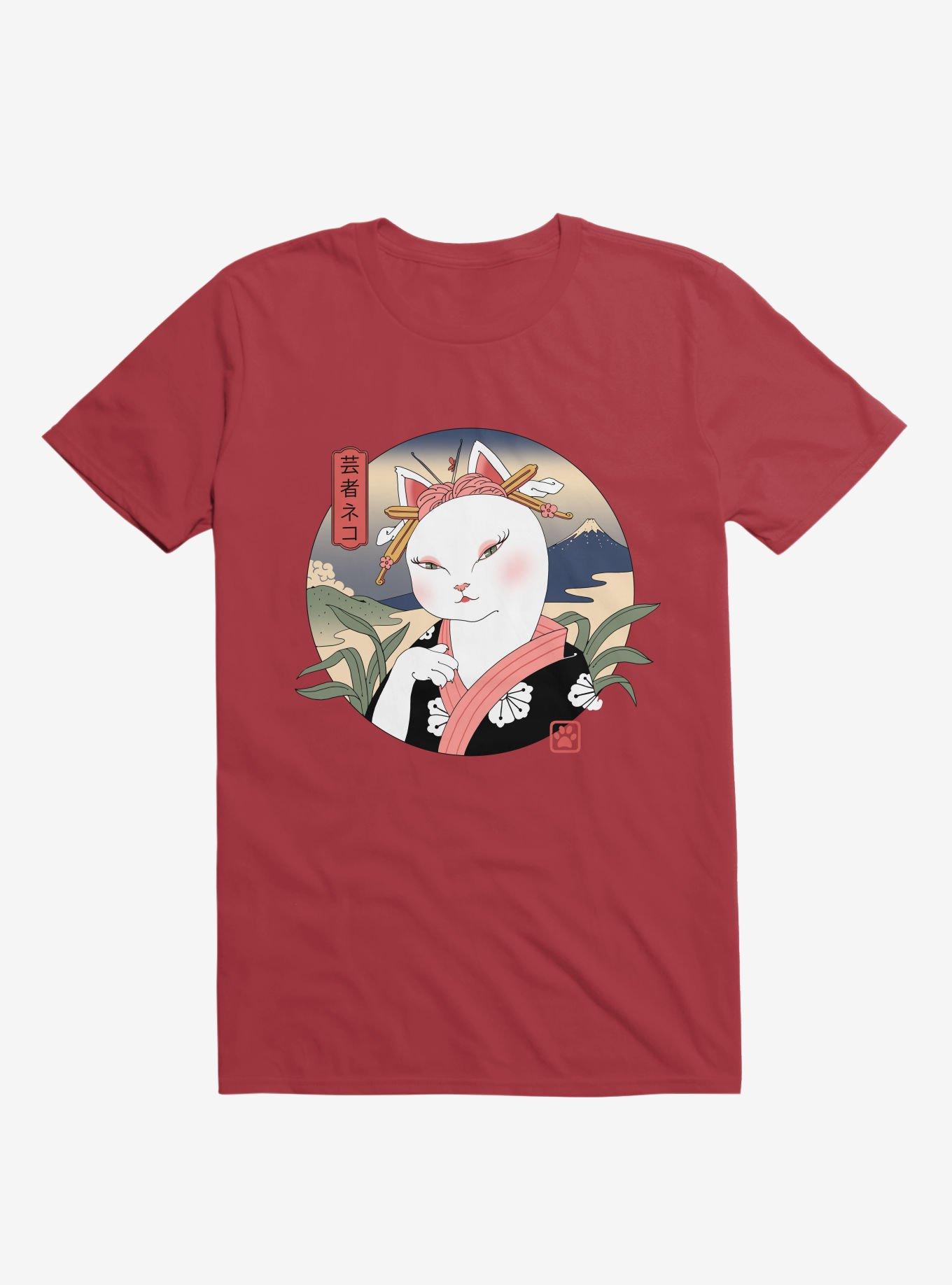 Cat Neko Geisha Red T-Shirt, RED, hi-res