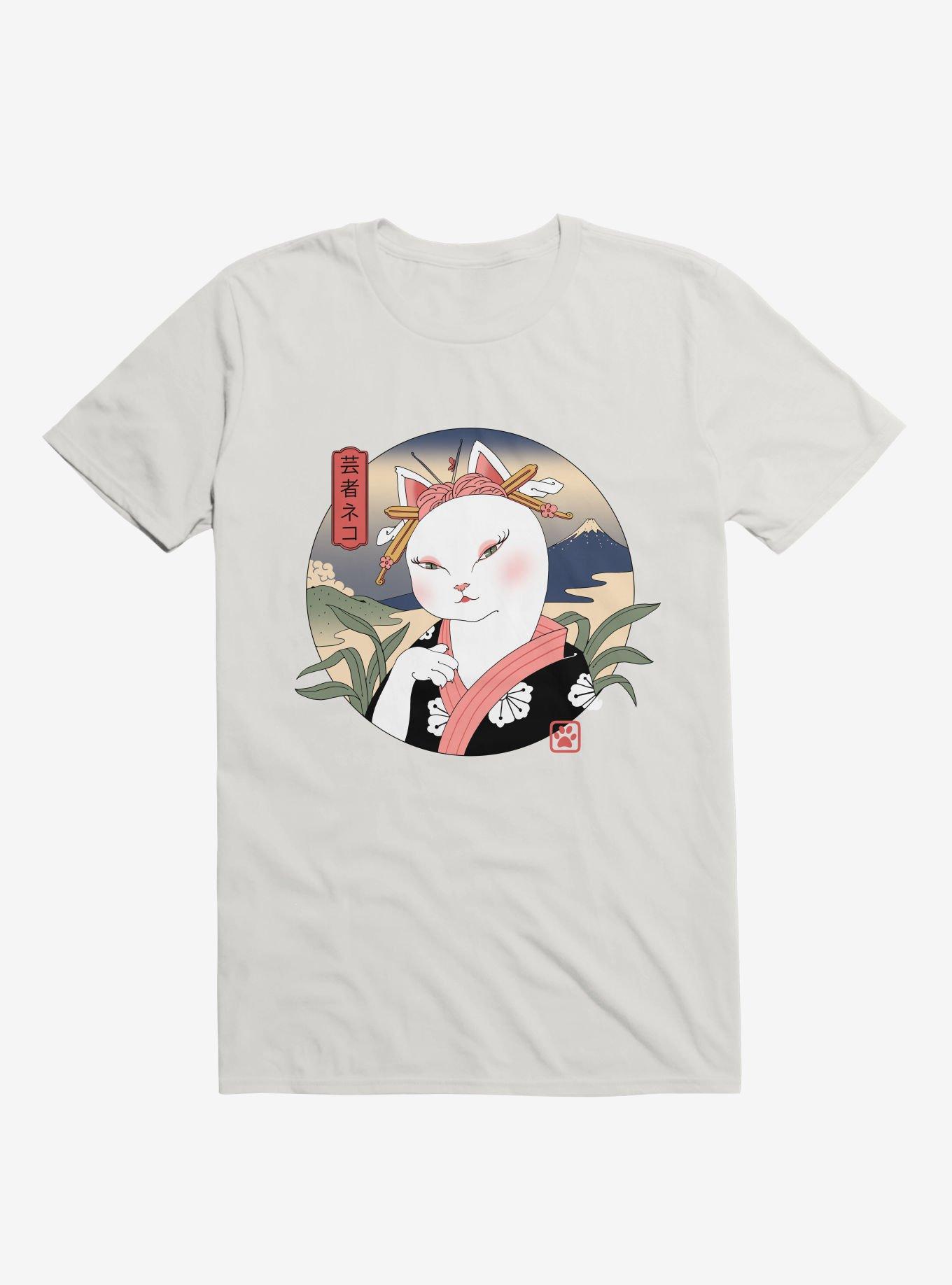 Cat Neko Geisha White T-Shirt, WHITE, hi-res