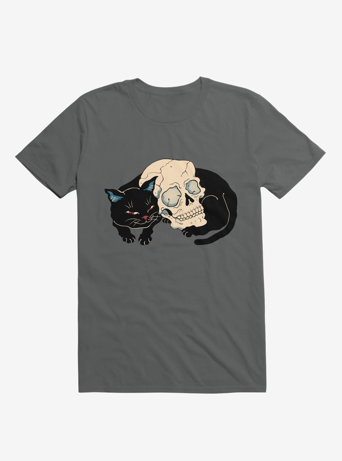 Cat Neko Skull Charcoal Grey T-Shirt, CHARCOAL, hi-res