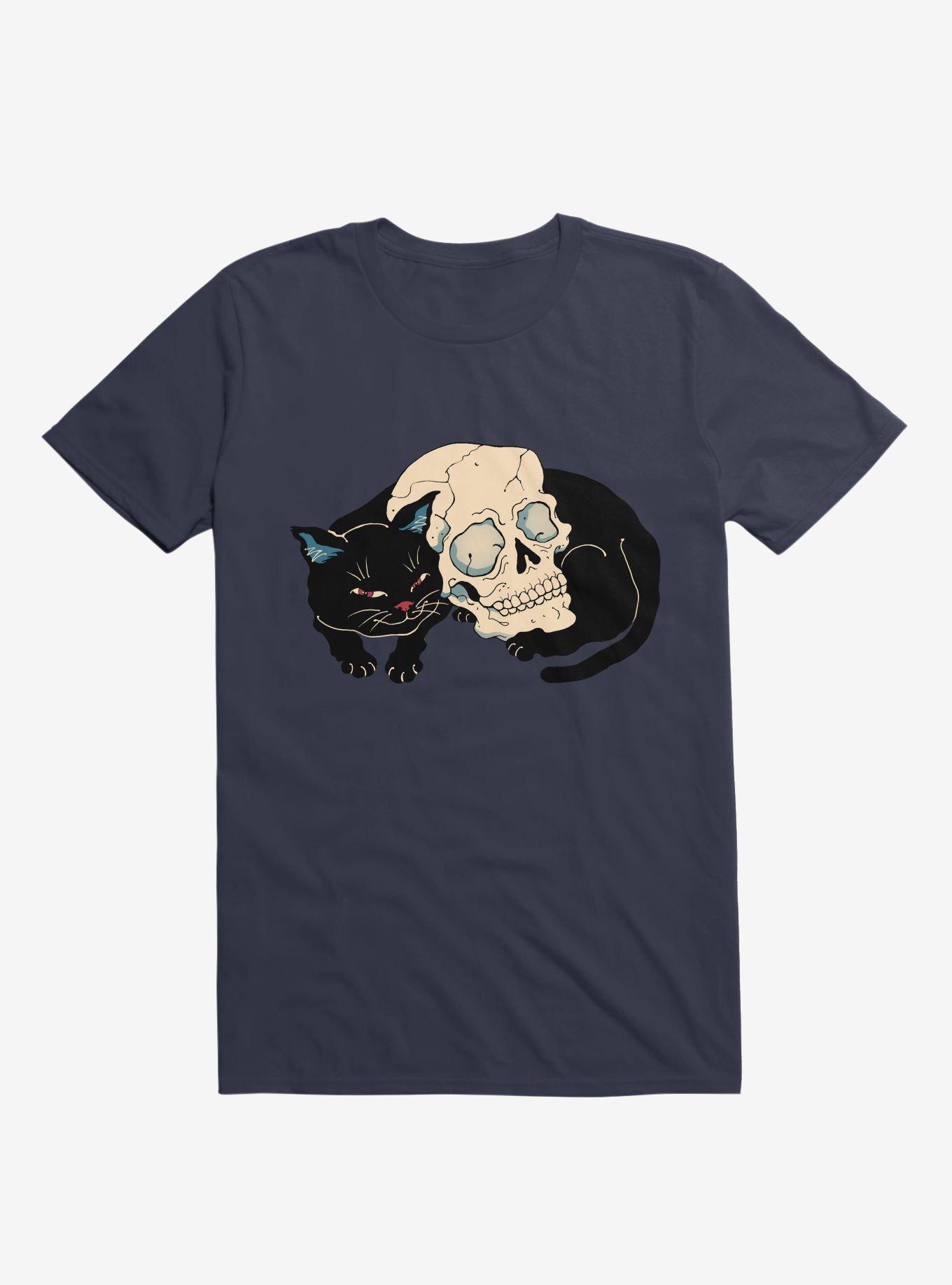 Cat Neko Skull Navy Blue T-Shirt, NAVY, hi-res