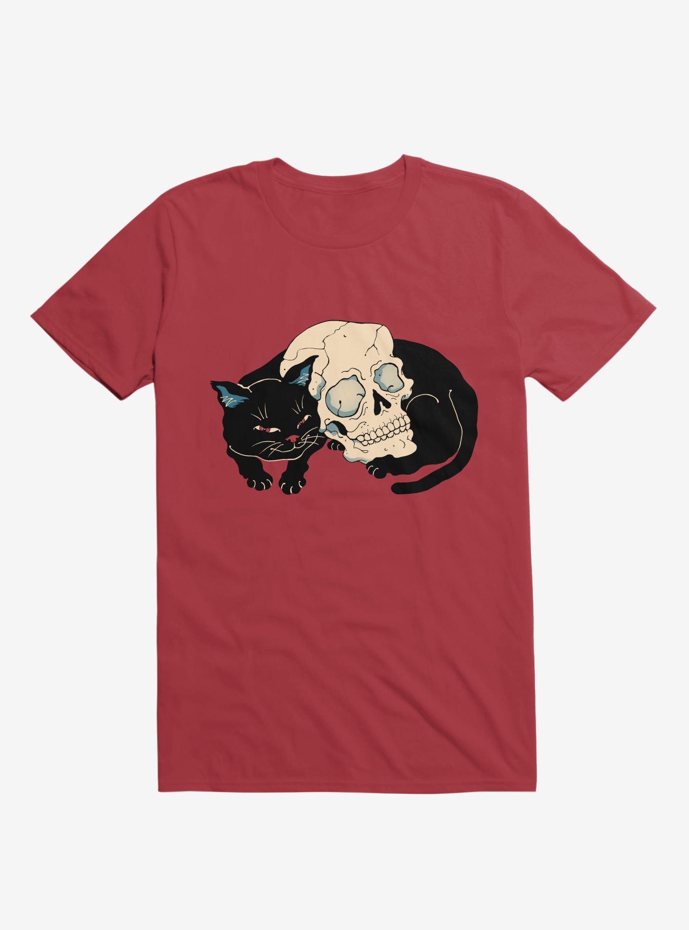 Cat Neko Skull Red T-Shirt, RED, hi-res