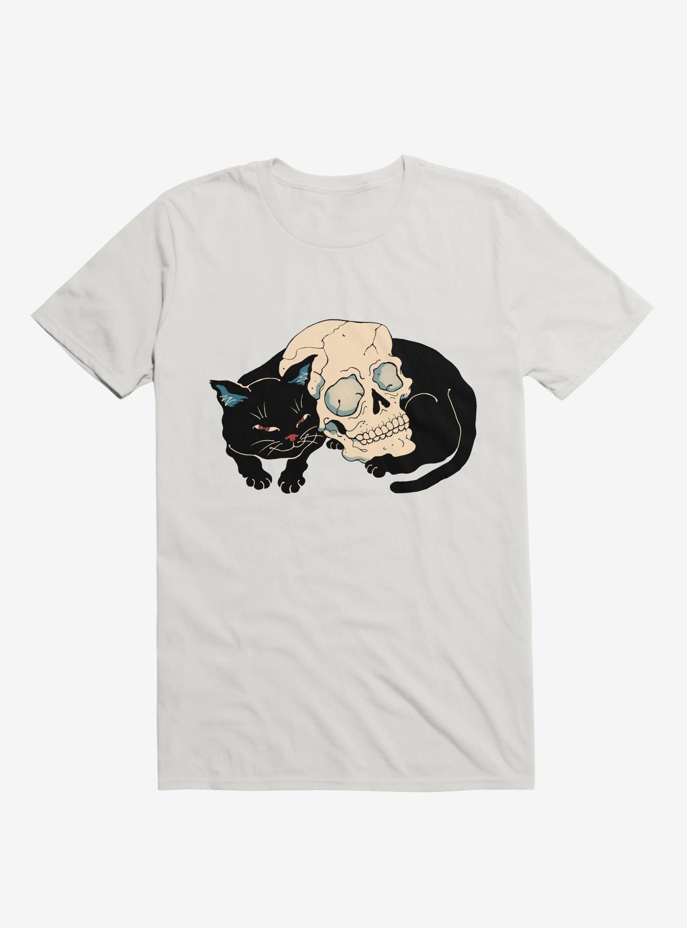 Cat Neko Skull White T-Shirt, WHITE, hi-res