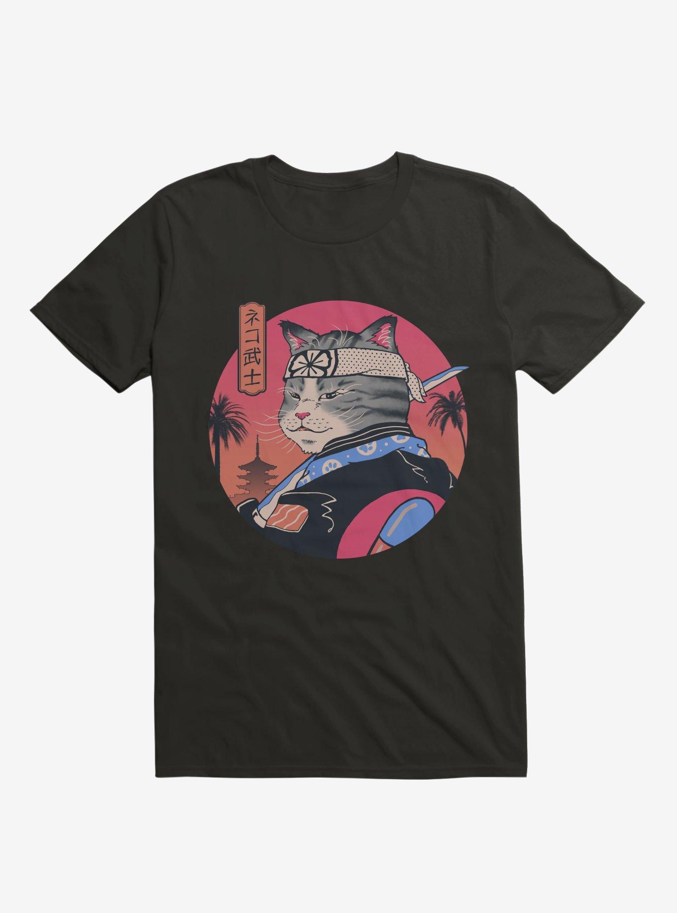 Samurai Cat Black T-Shirt, BLACK, hi-res