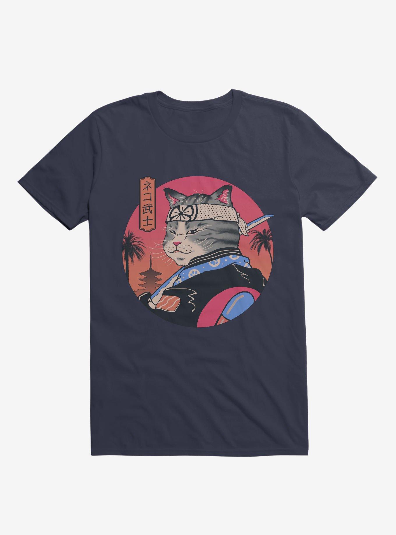 Samurai Cat Navy Blue T-Shirt, , hi-res