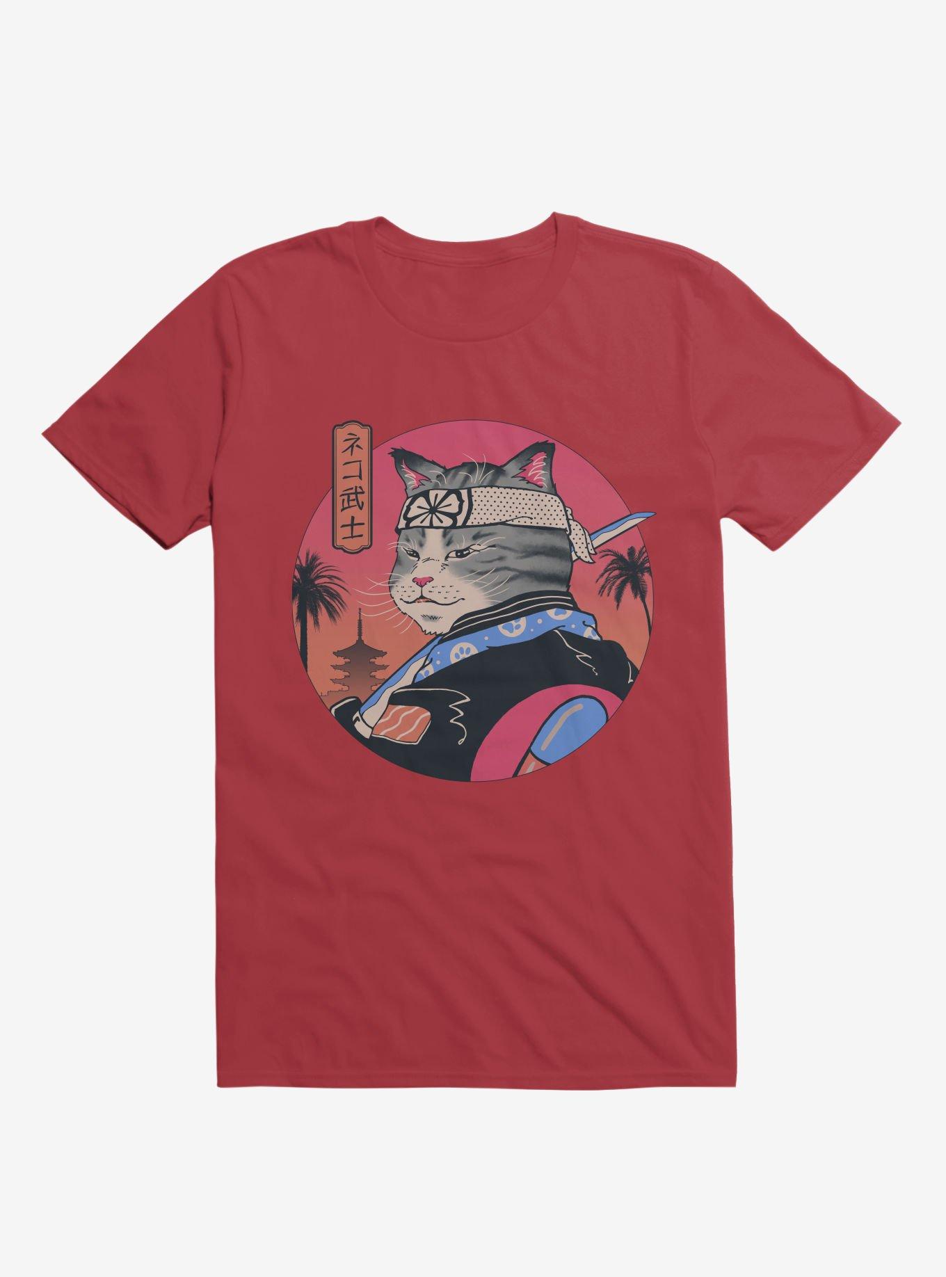 Samurai Cat Red T-Shirt, RED, hi-res