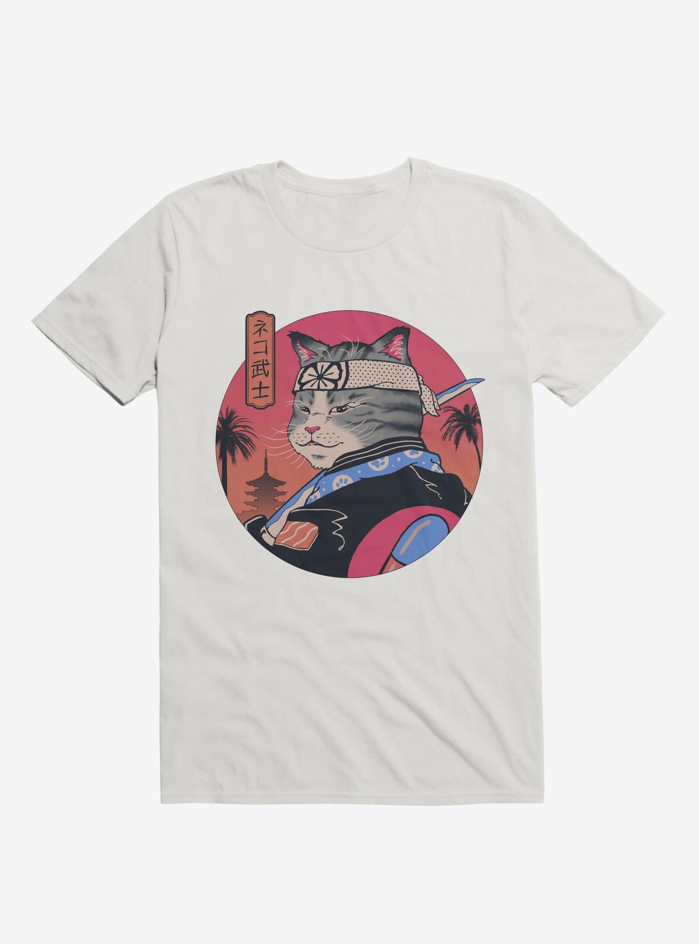 Samurai Cat White T-Shirt, WHITE, hi-res