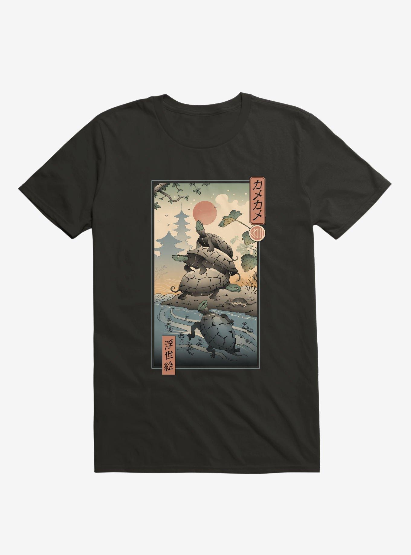 THRDLESS Turtle Stream Kame Kame Ukiyo-e Black T-Shirt