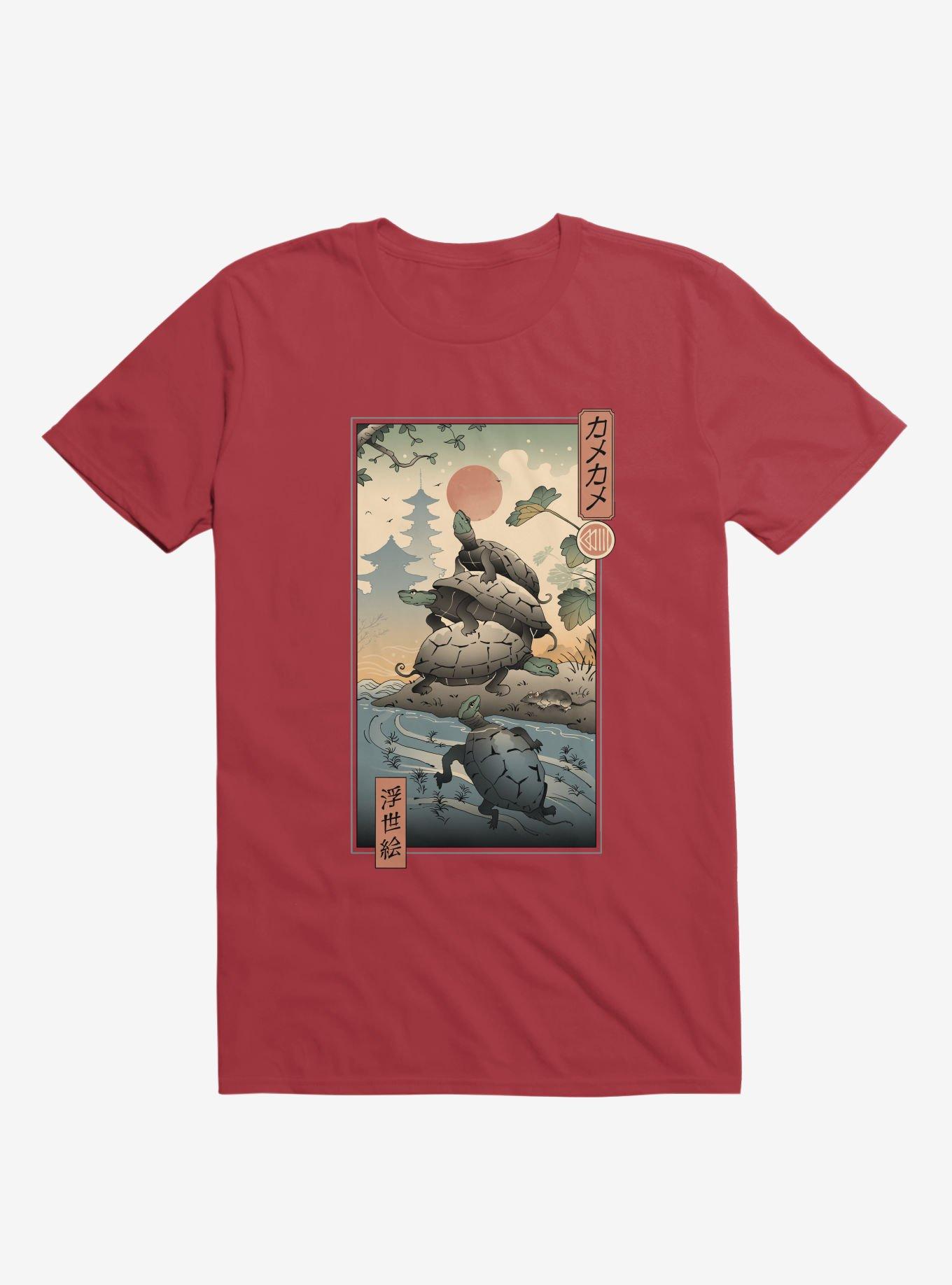 Turtle Stream Kame Kame Ukiyo-e Red T-Shirt, RED, hi-res
