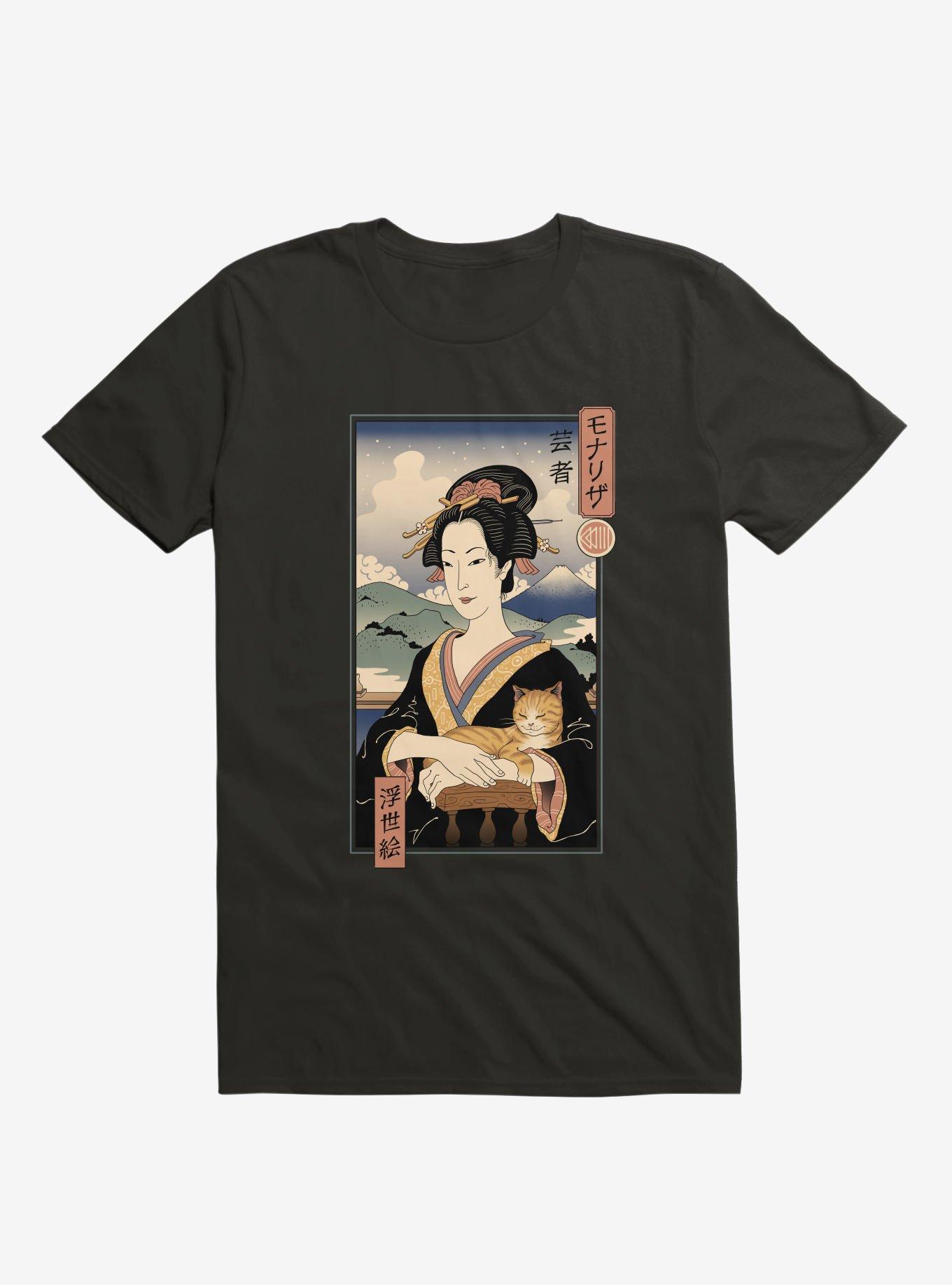 Geisha Cat Lisa Ukiyo-e Black T-Shirt, BLACK, hi-res