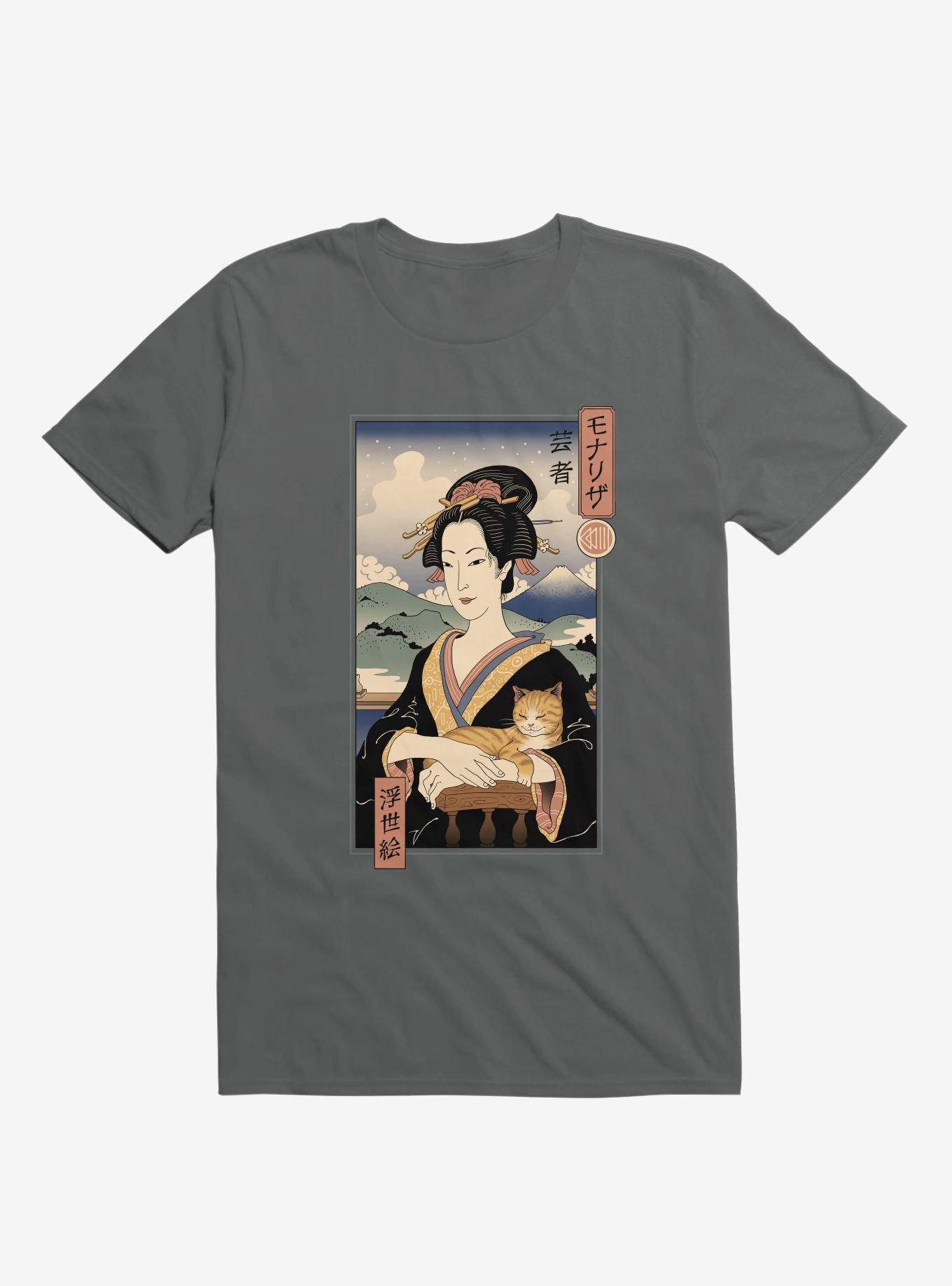 Geisha Cat Lisa Ukiyo-e Charcoal Grey T-Shirt, CHARCOAL, hi-res