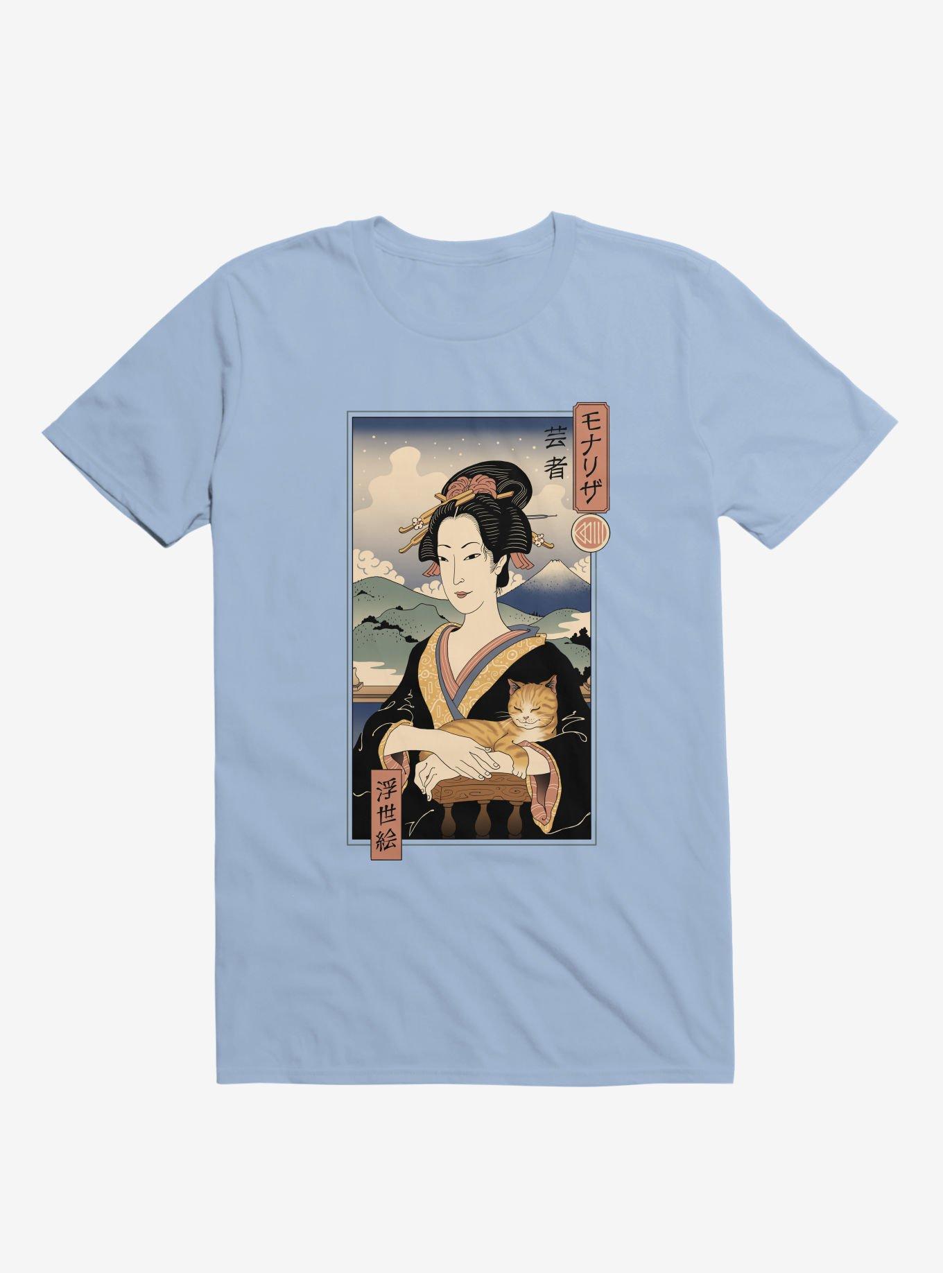 Geisha Cat Lisa Ukiyo-e Light Blue T-Shirt, LIGHT BLUE, hi-res