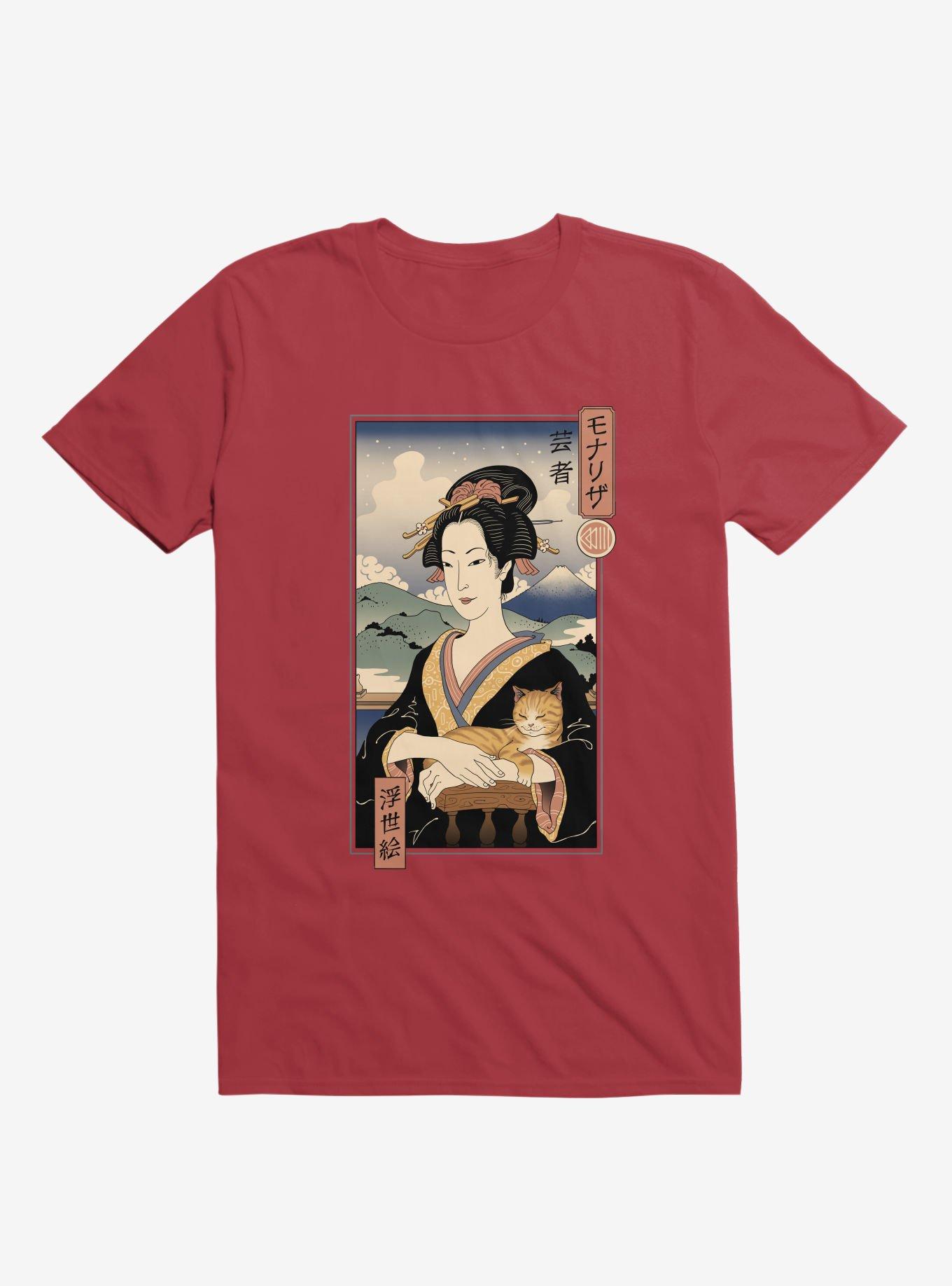 Geisha Cat Lisa Ukiyo-e Red T-Shirt, RED, hi-res