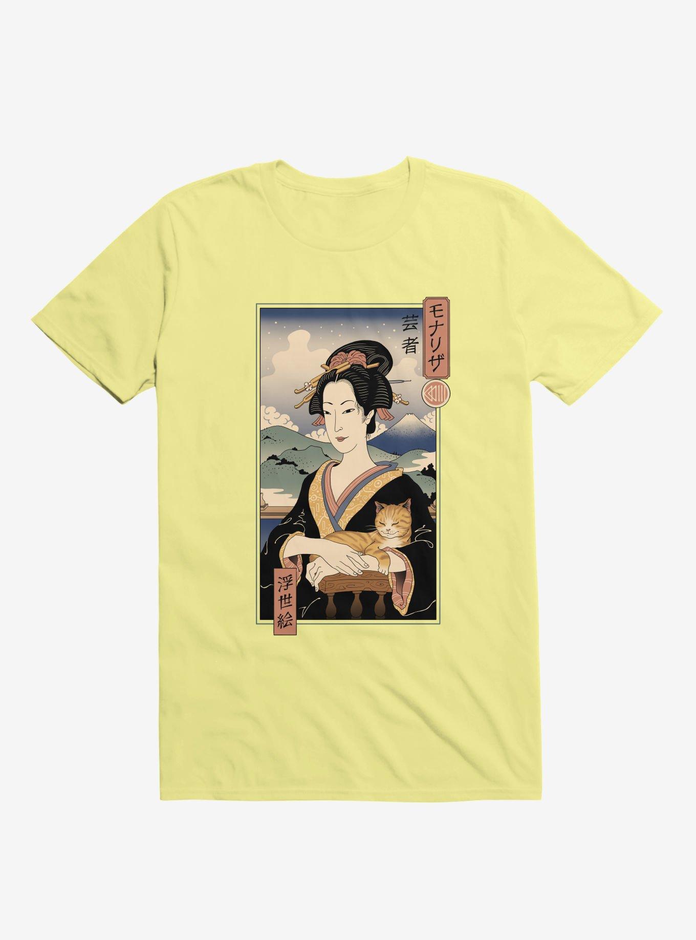 Geisha Cat Lisa Ukiyo-e Corn Silk Yellow T-Shirt, CORN SILK, hi-res