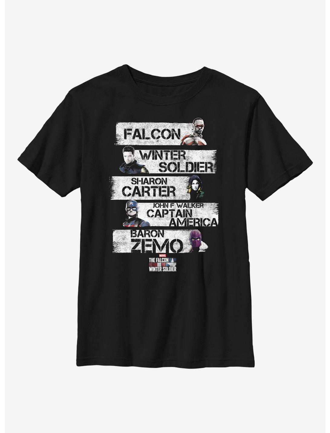 Marvel The Falcon And The Winter Soldier Character Stack Youth T-Shirt, BLACK, hi-res
