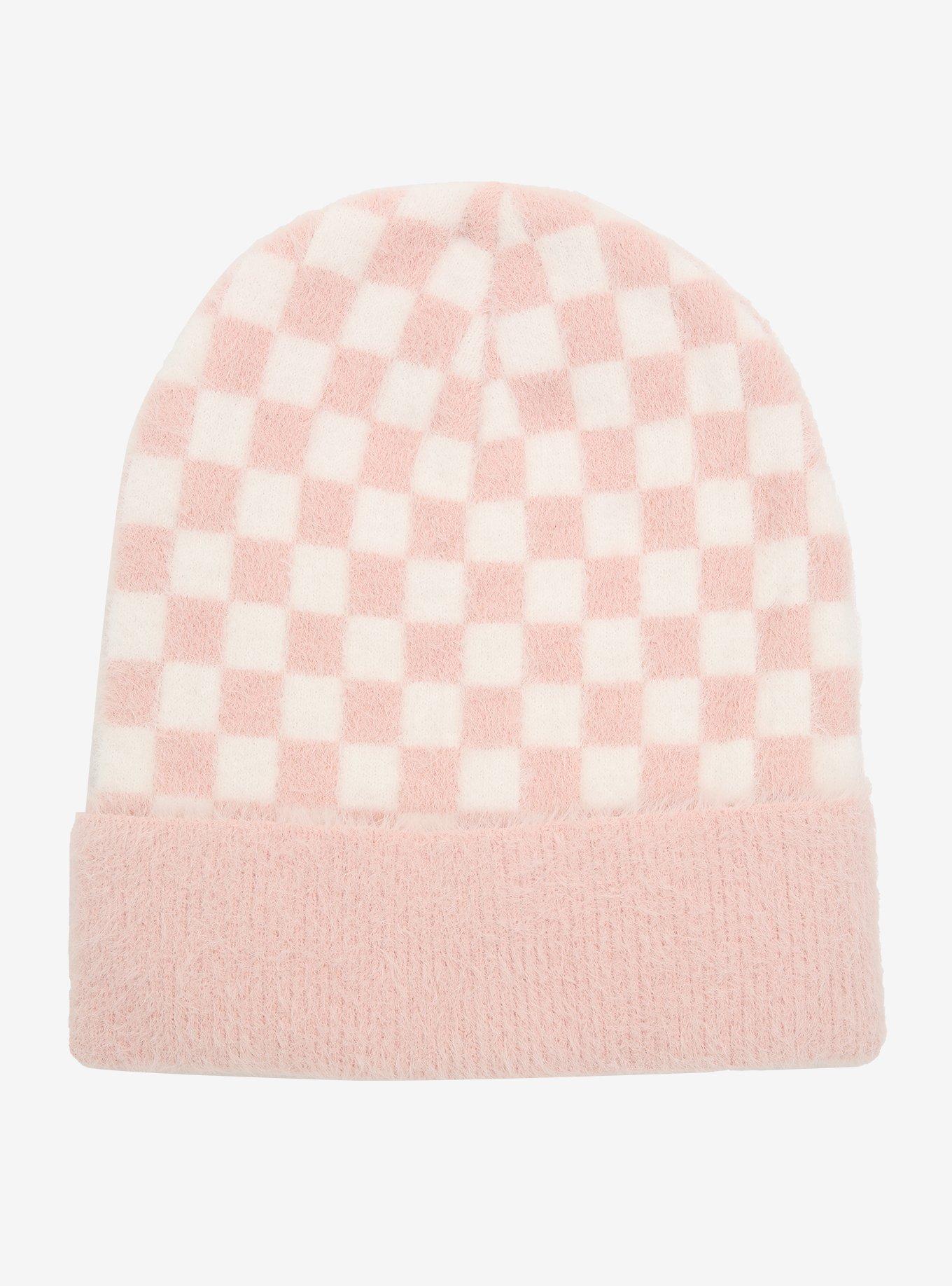 Fuzzy Pink & White Checkered Beanie, , hi-res