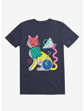 Memphis Cat Design Navy Blue T-Shirt, , hi-res