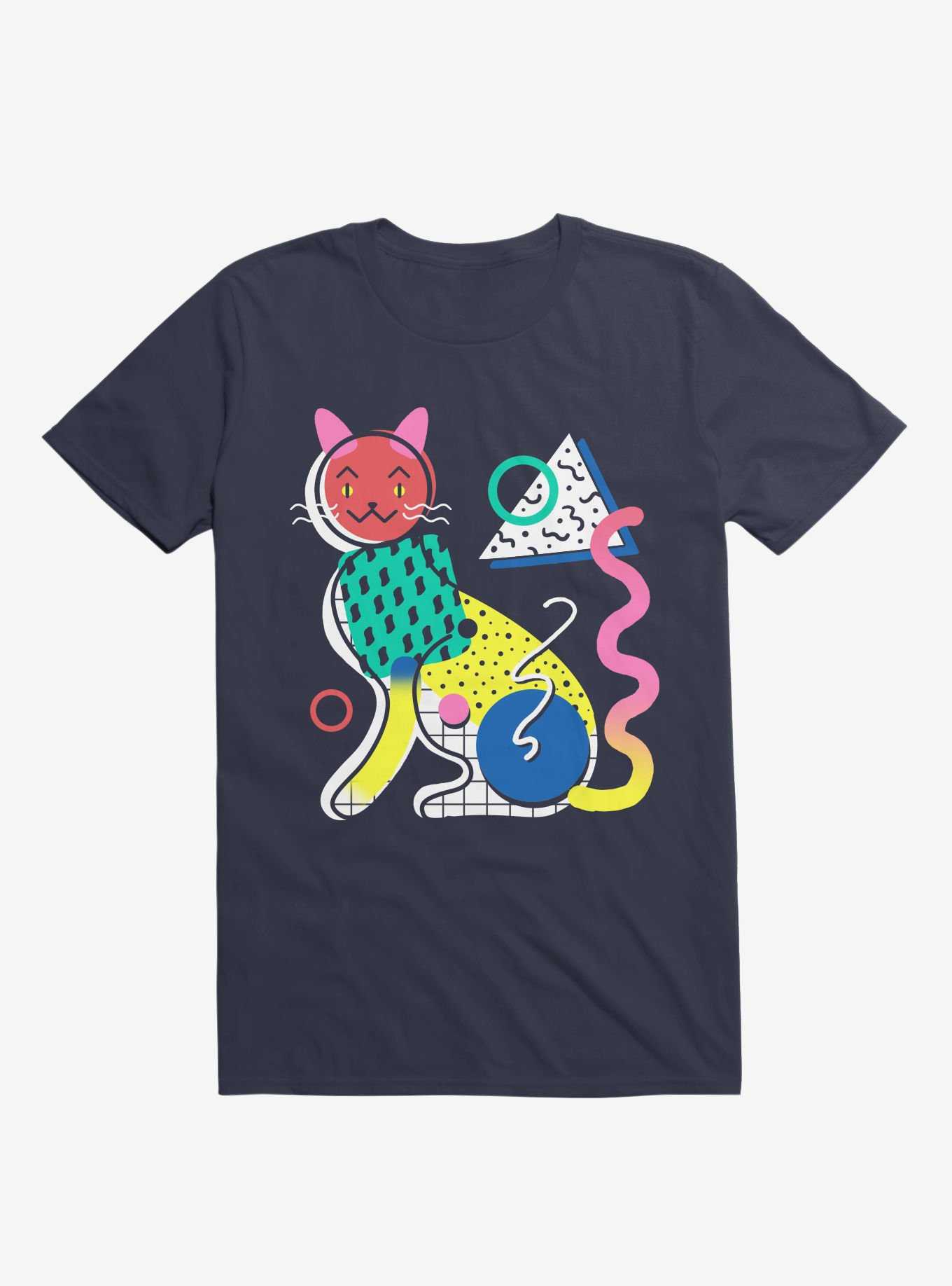 Memphis Cat Design Navy Blue T-Shirt, , hi-res