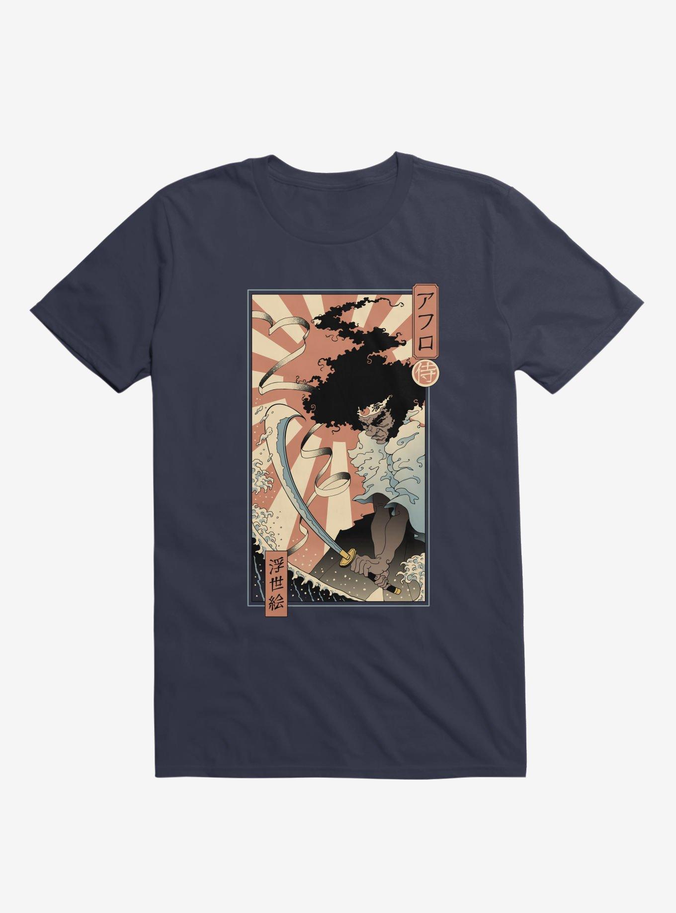 Samurai Sword Ocean Ukiyo-E Navy Blue T-Shirt, , hi-res
