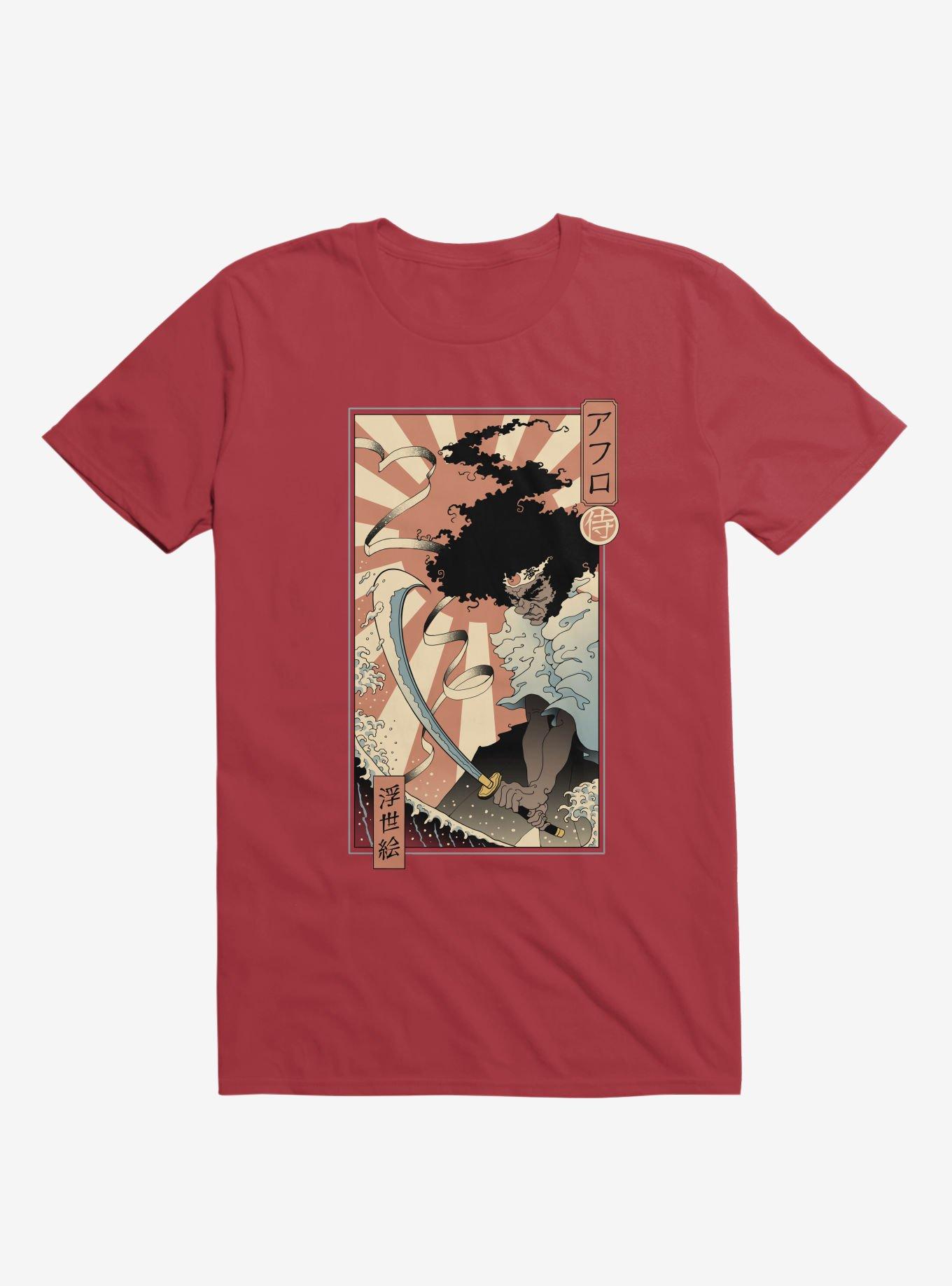 Samurai Sword Ocean Ukiyo-E Red T-Shirt, RED, hi-res