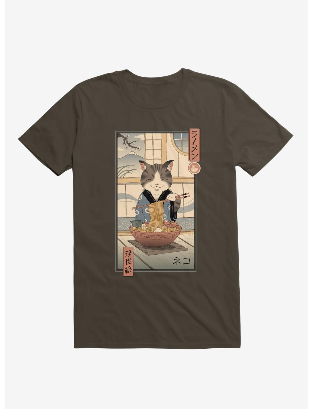 Cat Neko Ramen Ukiyo-E Brown T-Shirt, BROWN, hi-res