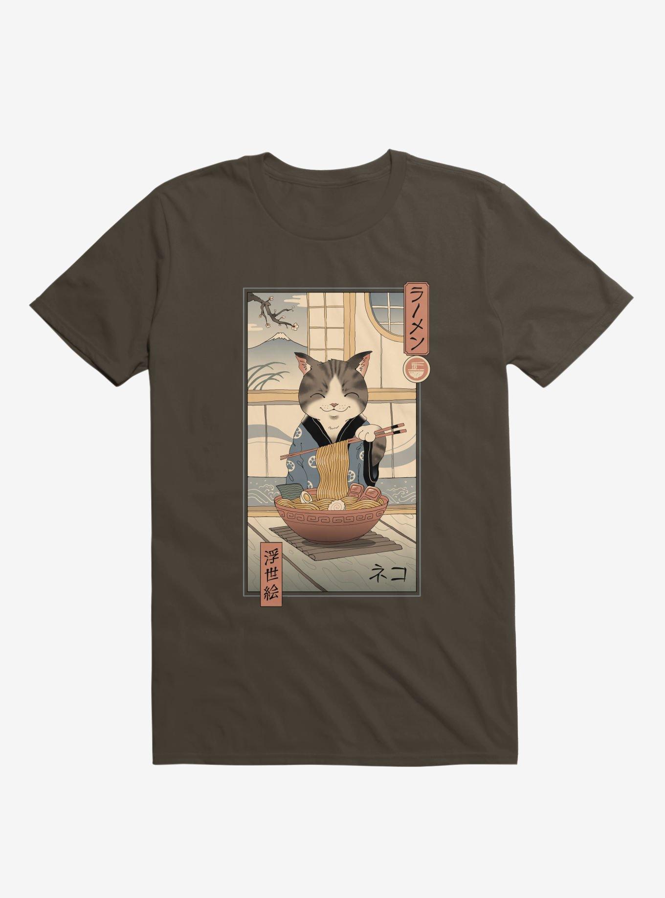 Cat Neko Ramen Ukiyo-E Brown T-Shirt, BROWN, hi-res