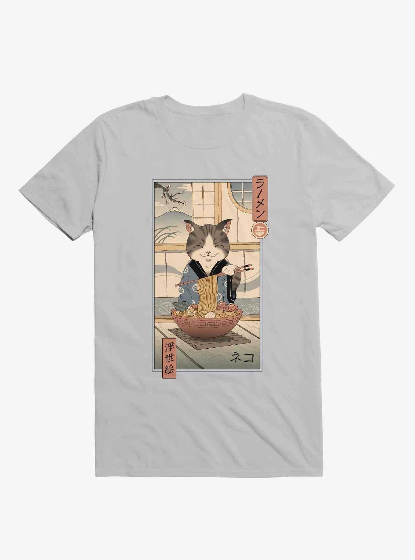 Cat Neko Ramen Ukiyo-E Ice Grey T-Shirt, ICE GREY, hi-res