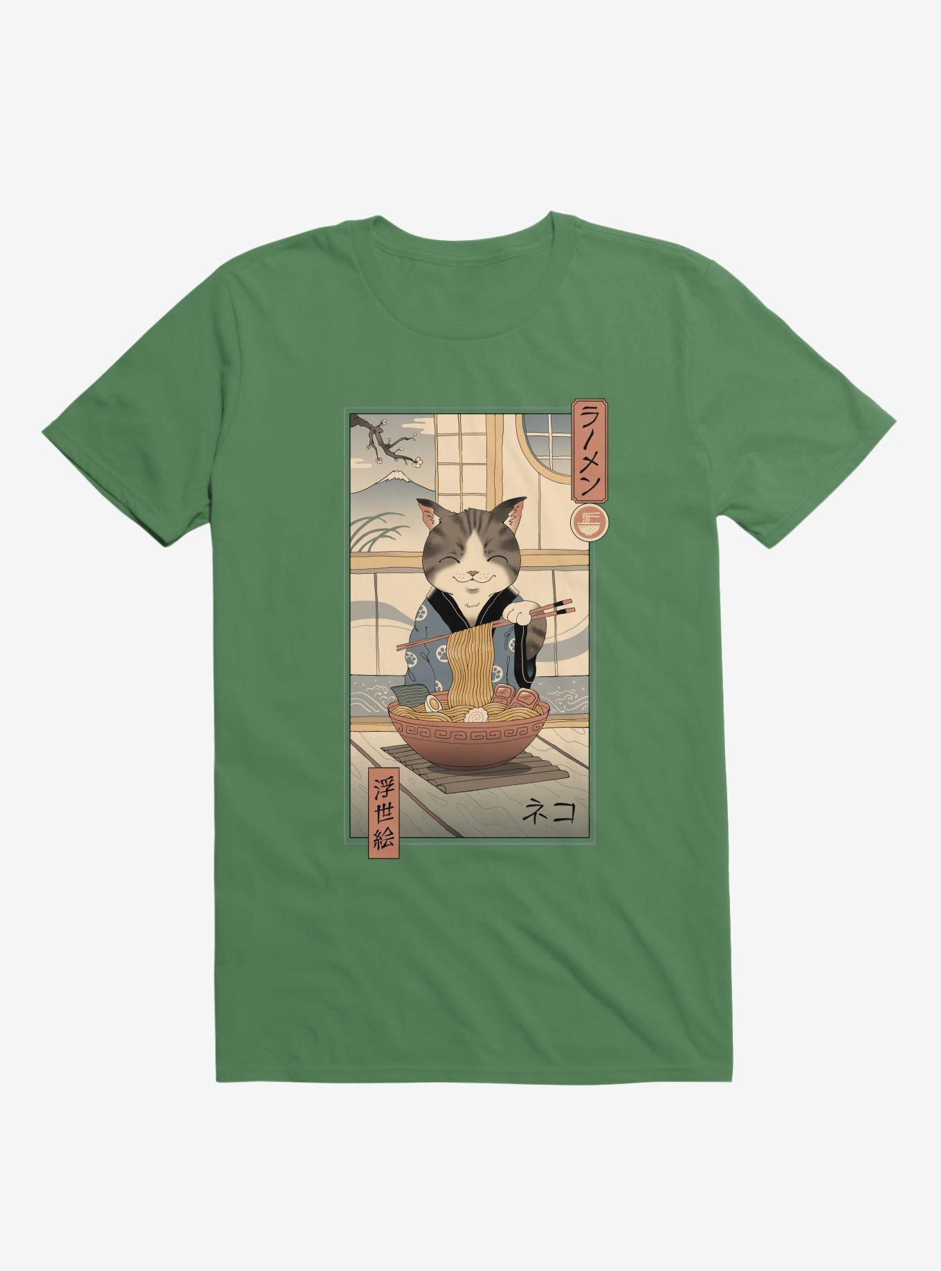 Cat Neko Ramen Ukiyo-E Kelly Green T-Shirt, , hi-res