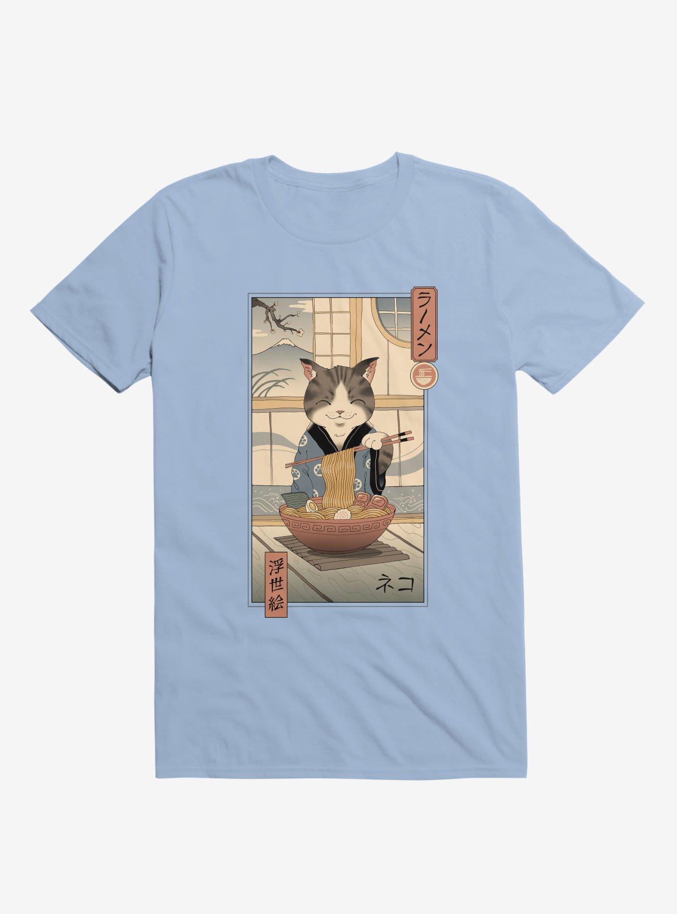 Cat Neko Ramen Ukiyo-E Light Blue T-Shirt, LIGHT BLUE, hi-res