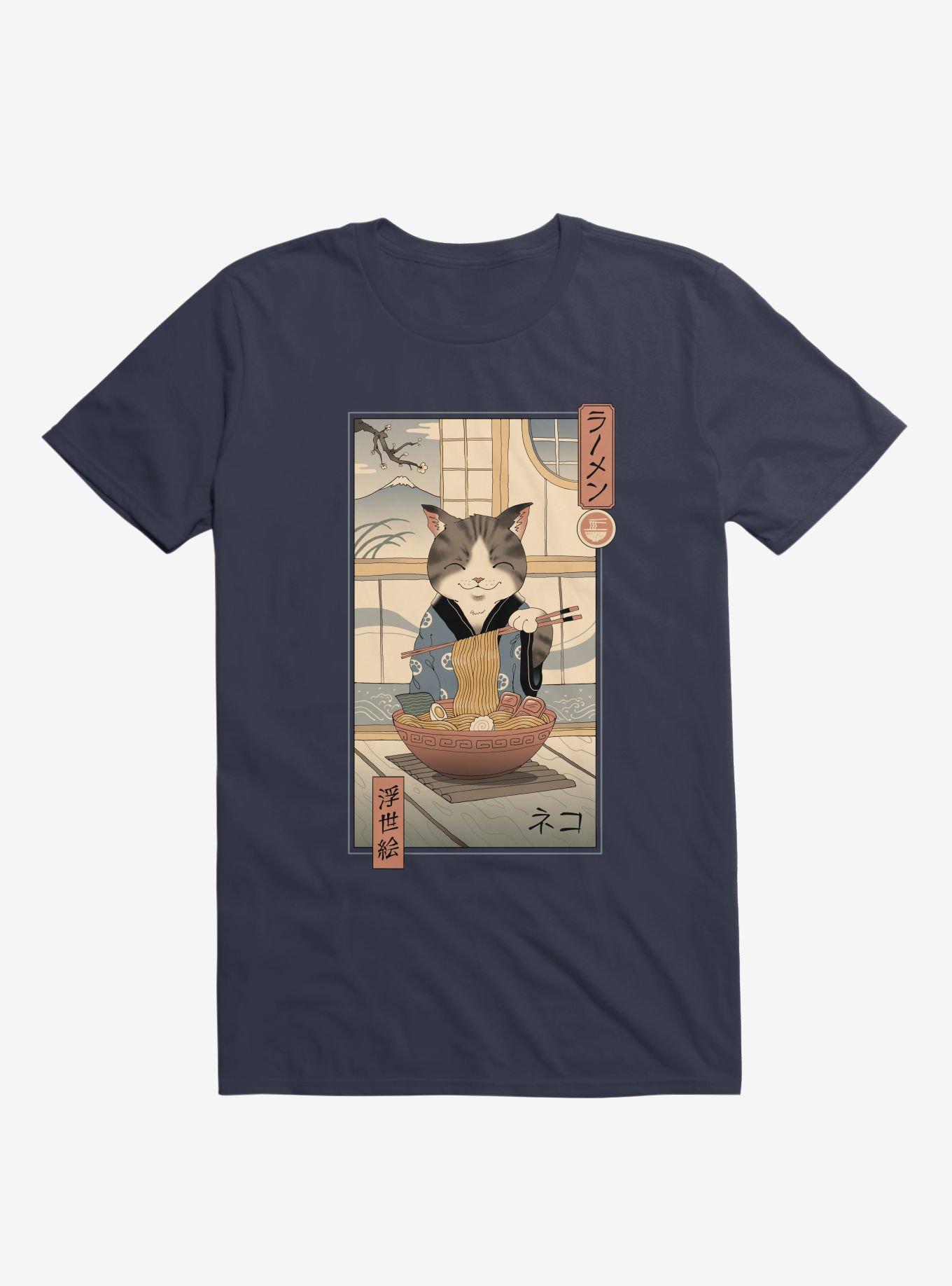 Cat Neko Ramen Ukiyo-E Navy Blue T-Shirt, NAVY, hi-res