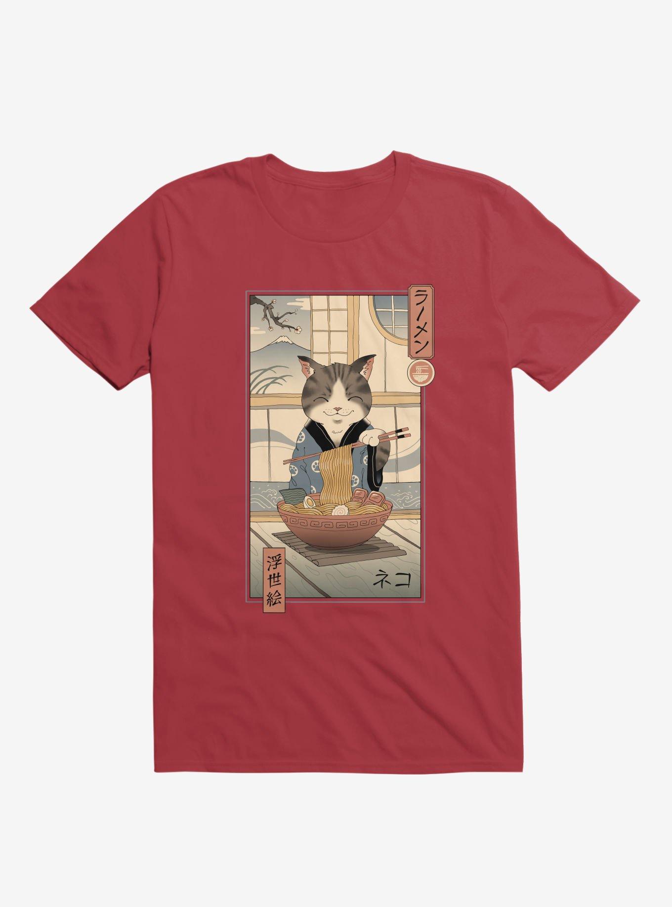 Cat Neko Ramen Ukiyo-E Red T-Shirt, RED, hi-res