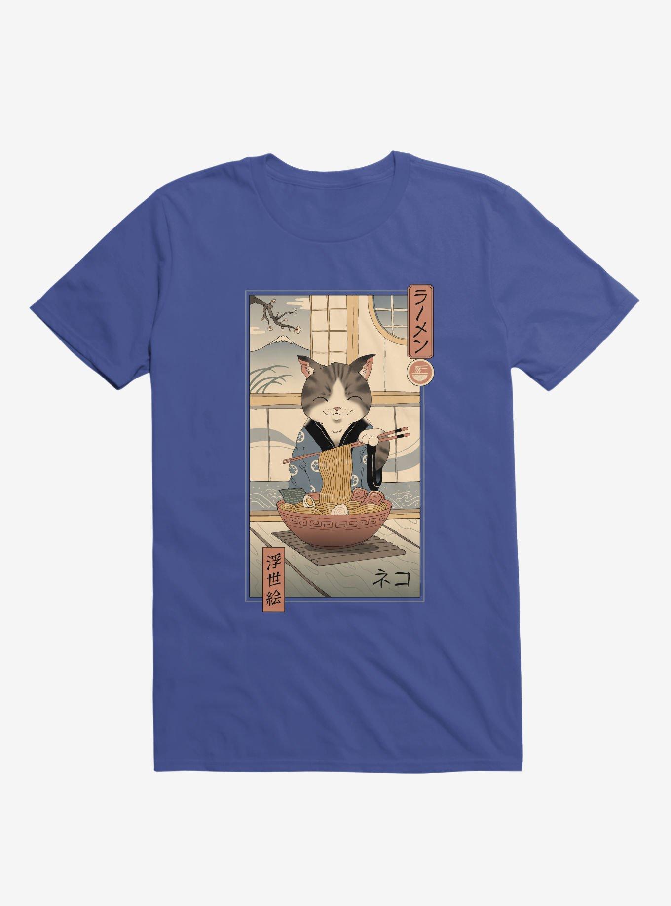 Cat Neko Ramen Ukiyo-E Royal Blue T-Shirt, , hi-res