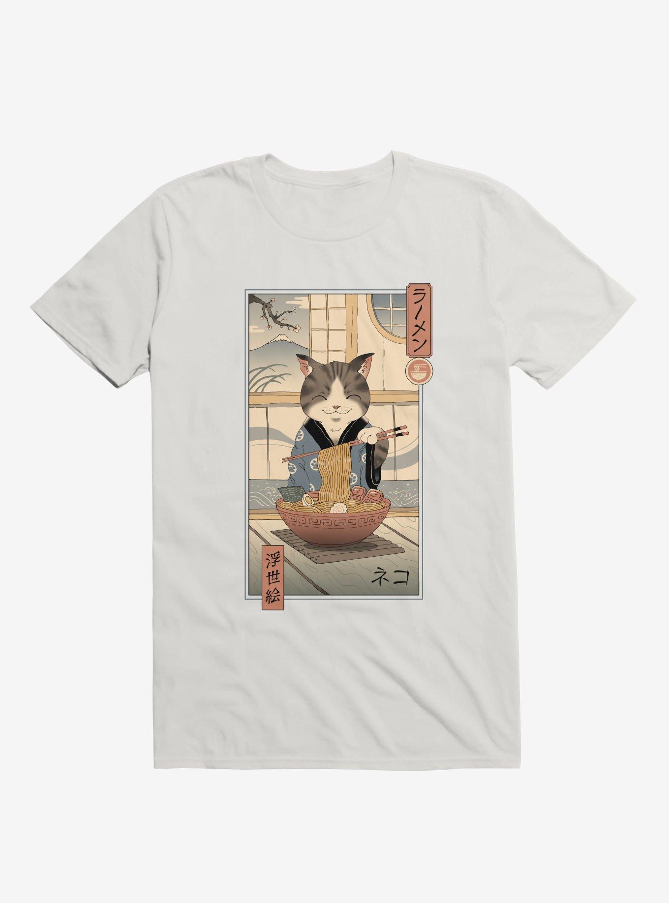 Cat Neko Ramen Ukiyo-E White T-Shirt, WHITE, hi-res
