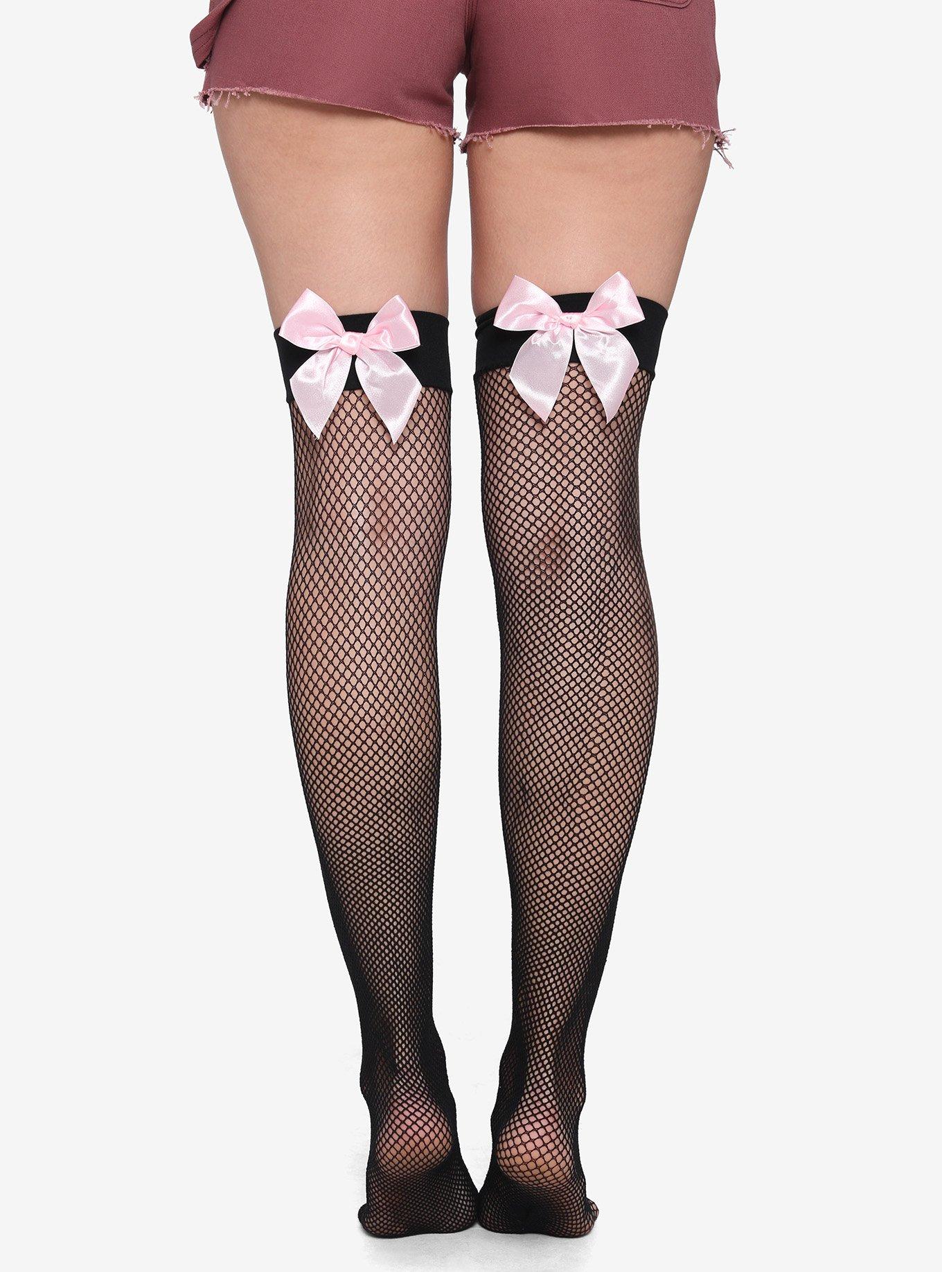 Black Fishnet & Pink Bow Thigh Highs, , hi-res