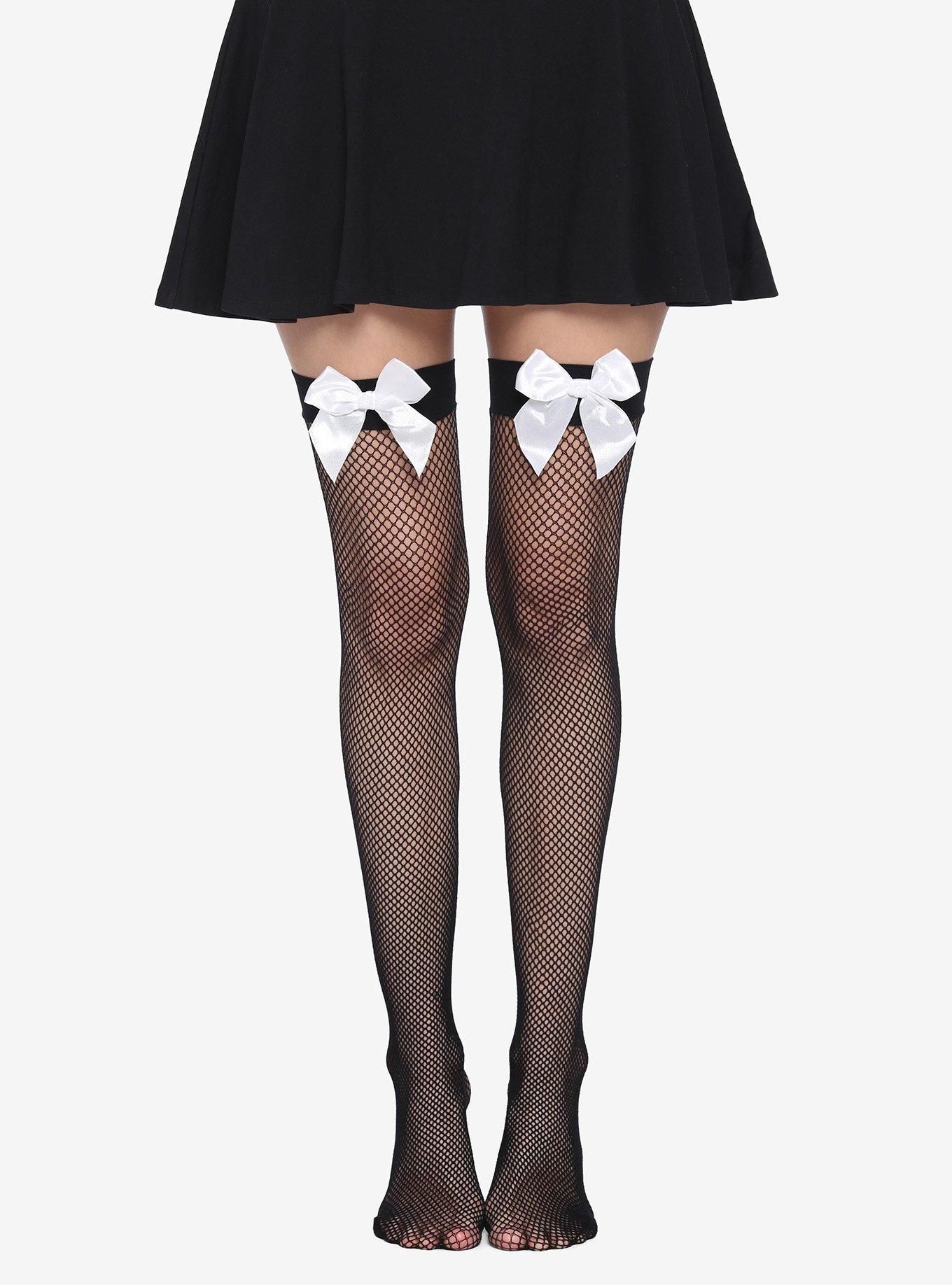 White Bow Black Fishnet Thigh Highs | Hot Topic