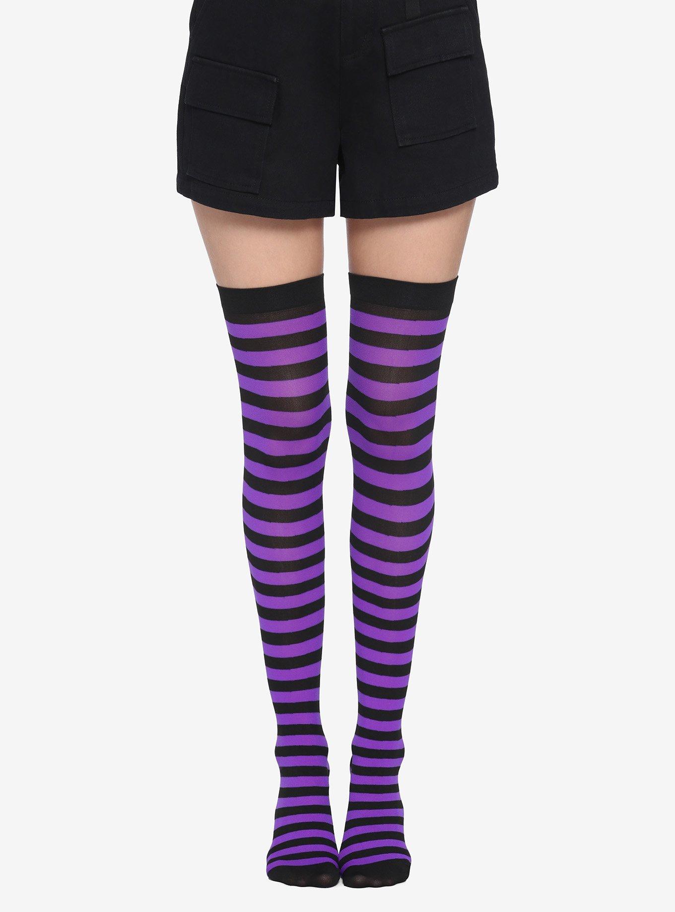 Purple & Black Stripe Thigh Highs, , hi-res