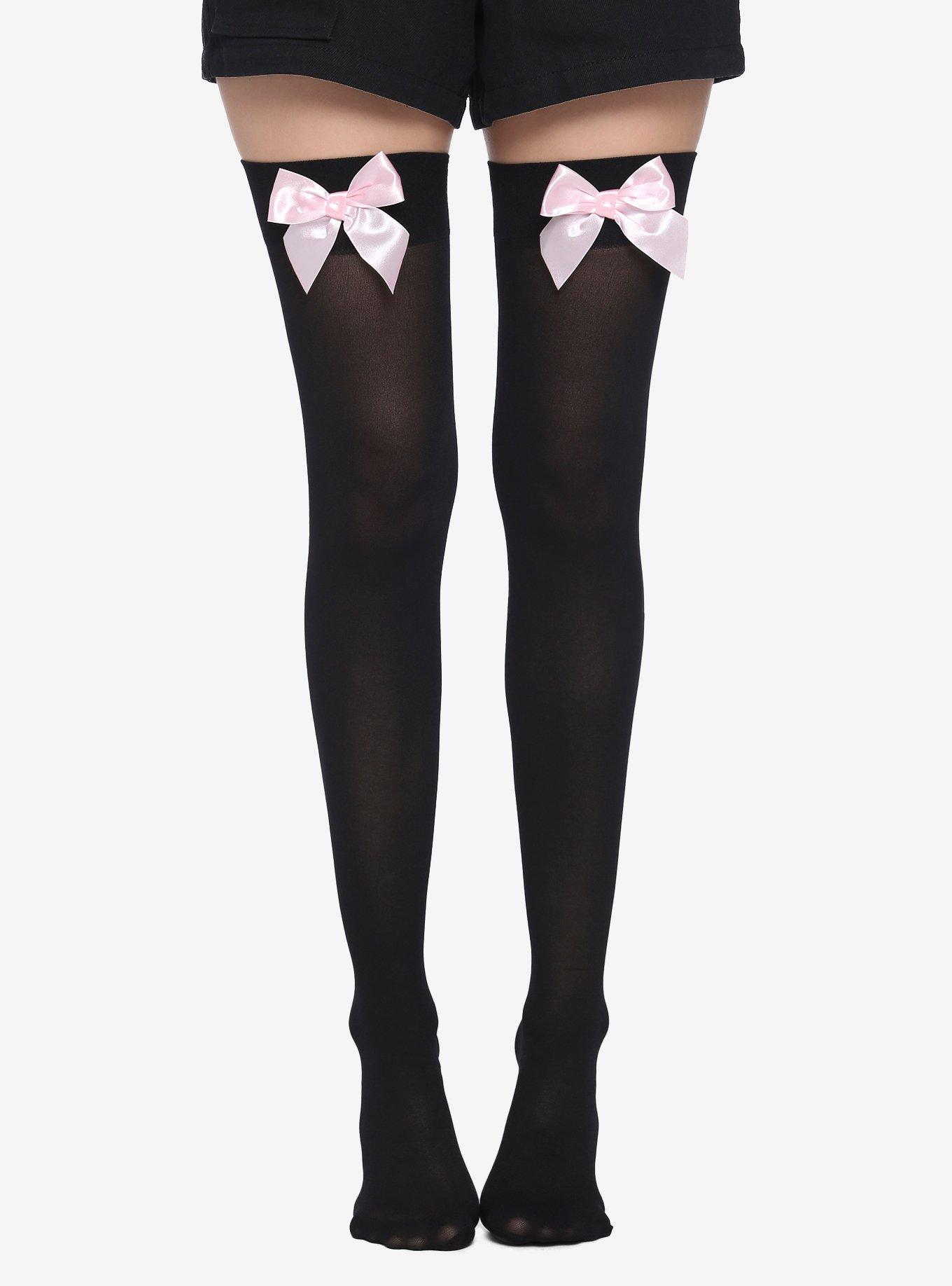 Pink Bow Black Thigh Highs, , hi-res