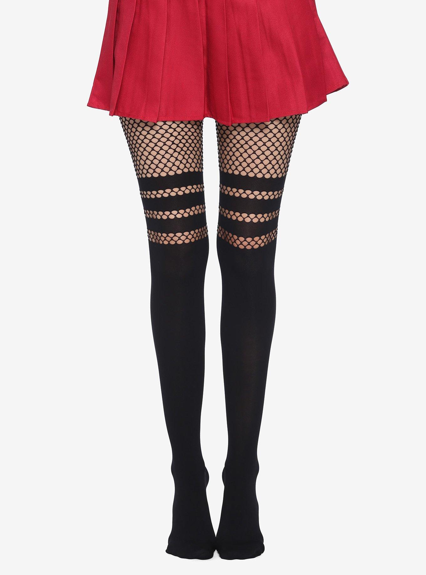 Black Varsity Stripe Faux Thigh Highs With Fishnet Tights, , hi-res
