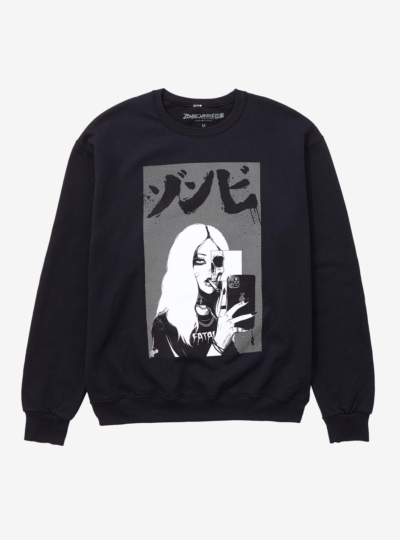 Zombie Makeout Club Black & White Skull Selfie Sweatshirt, BLACK, hi-res