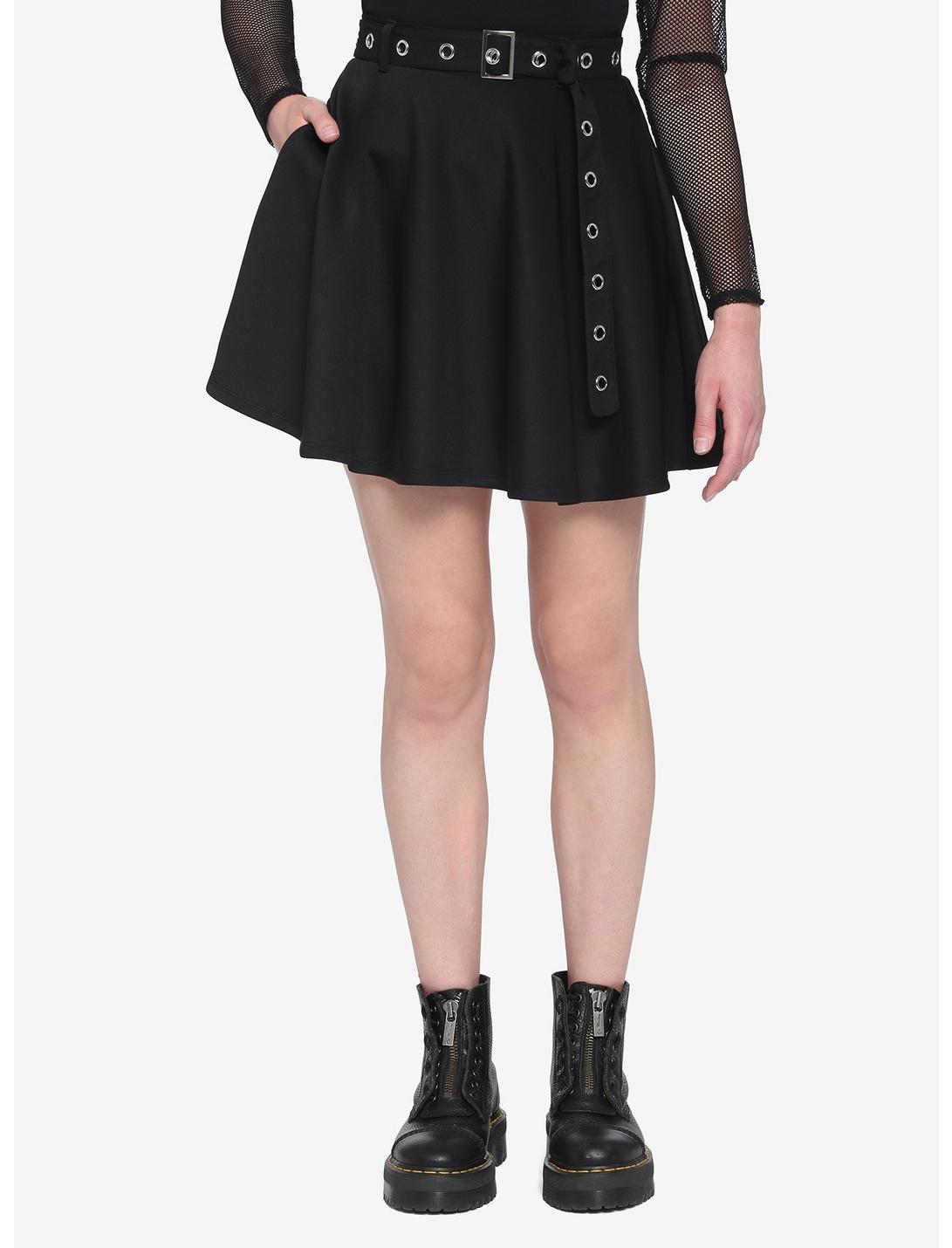 Black Skater Skirt With Grommet Belt, BLACK, hi-res