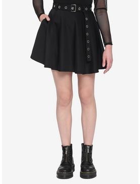 Black Skater Skirt With Grommet Belt, , hi-res