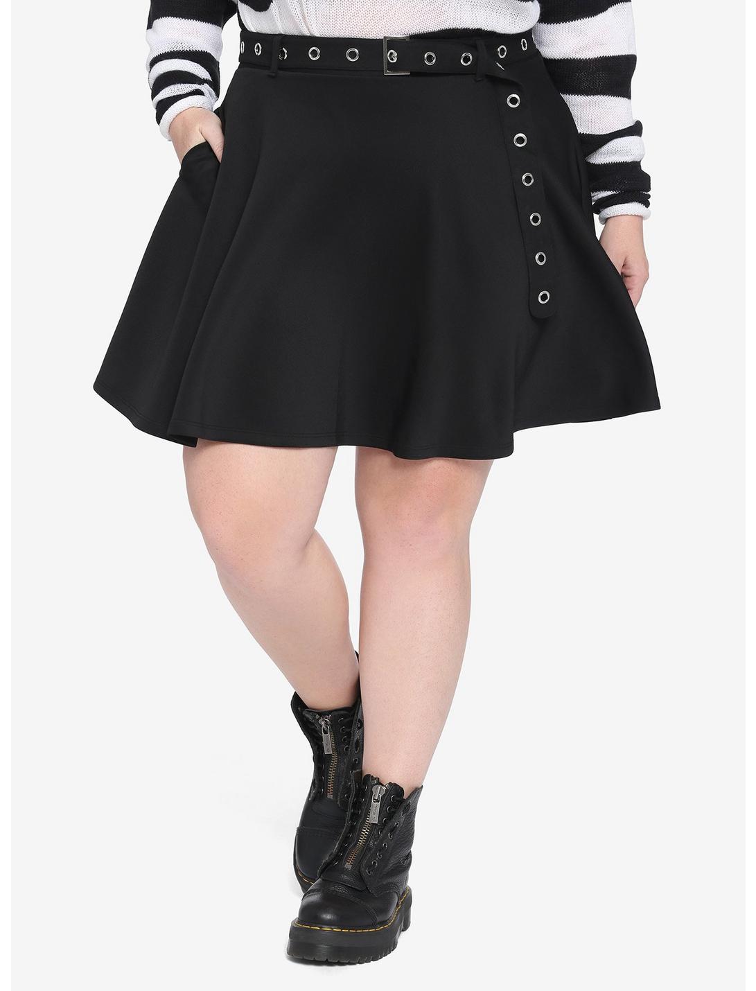 Black Skater Skirt With Grommet Belt Plus Size, BLACK, hi-res