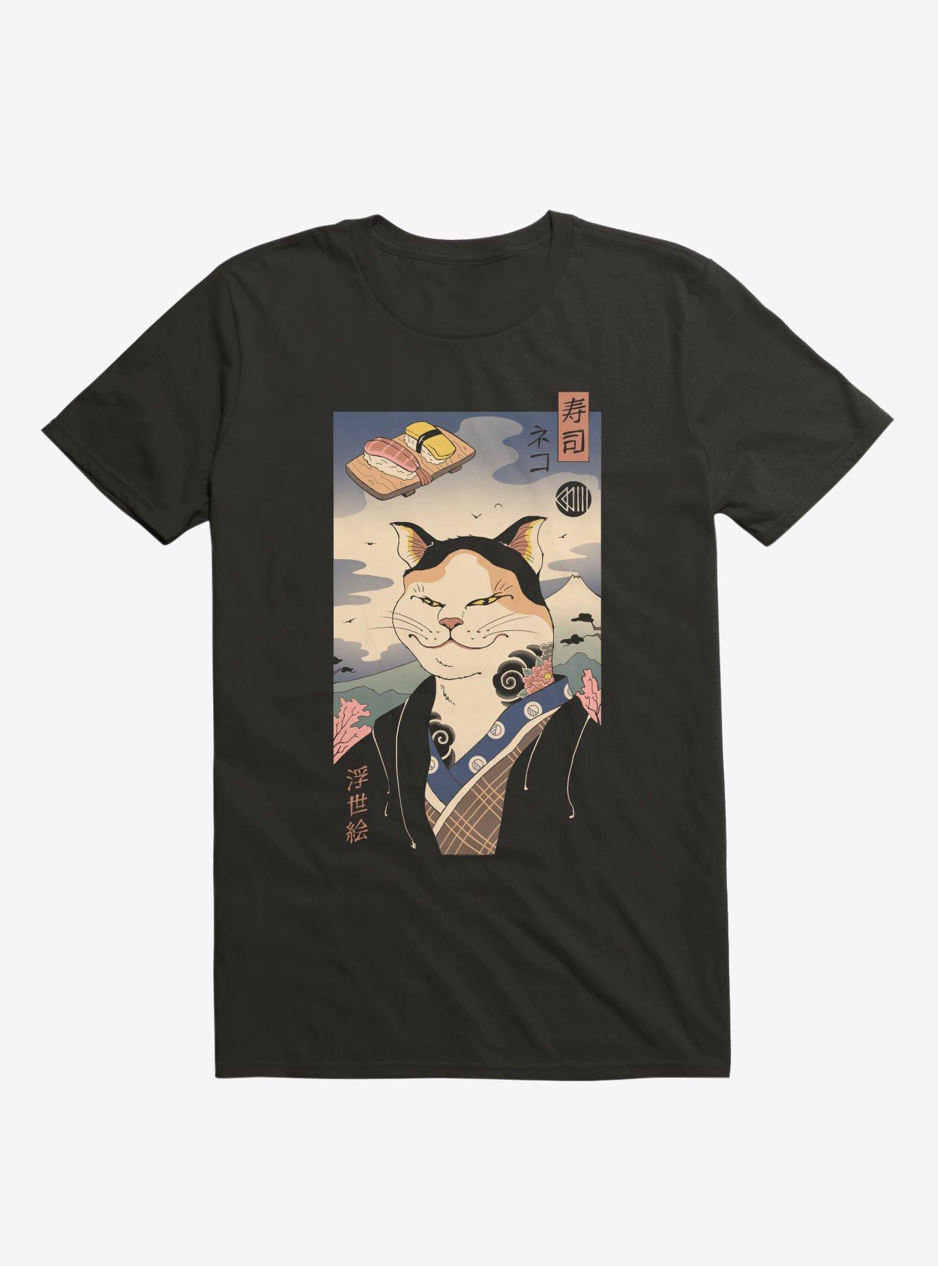 Sushi Nekoyo-E Black T-Shirt, BLACK, hi-res