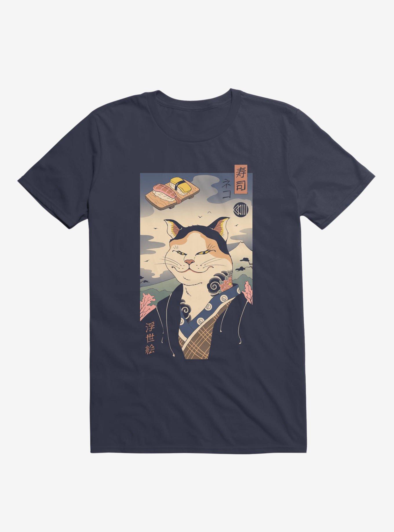 Sushi Nekoyo-E Navy Blue T-Shirt, NAVY, hi-res