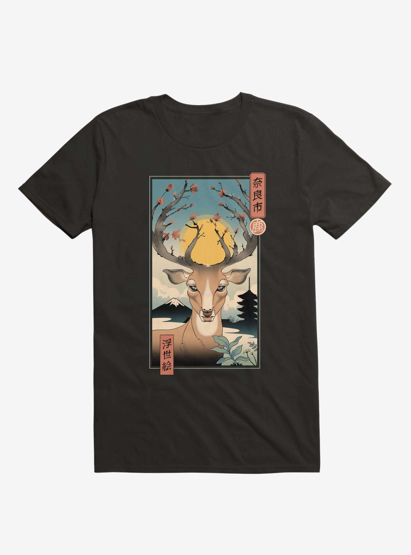 Spring In Nara Deer Black T-Shirt, BLACK, hi-res