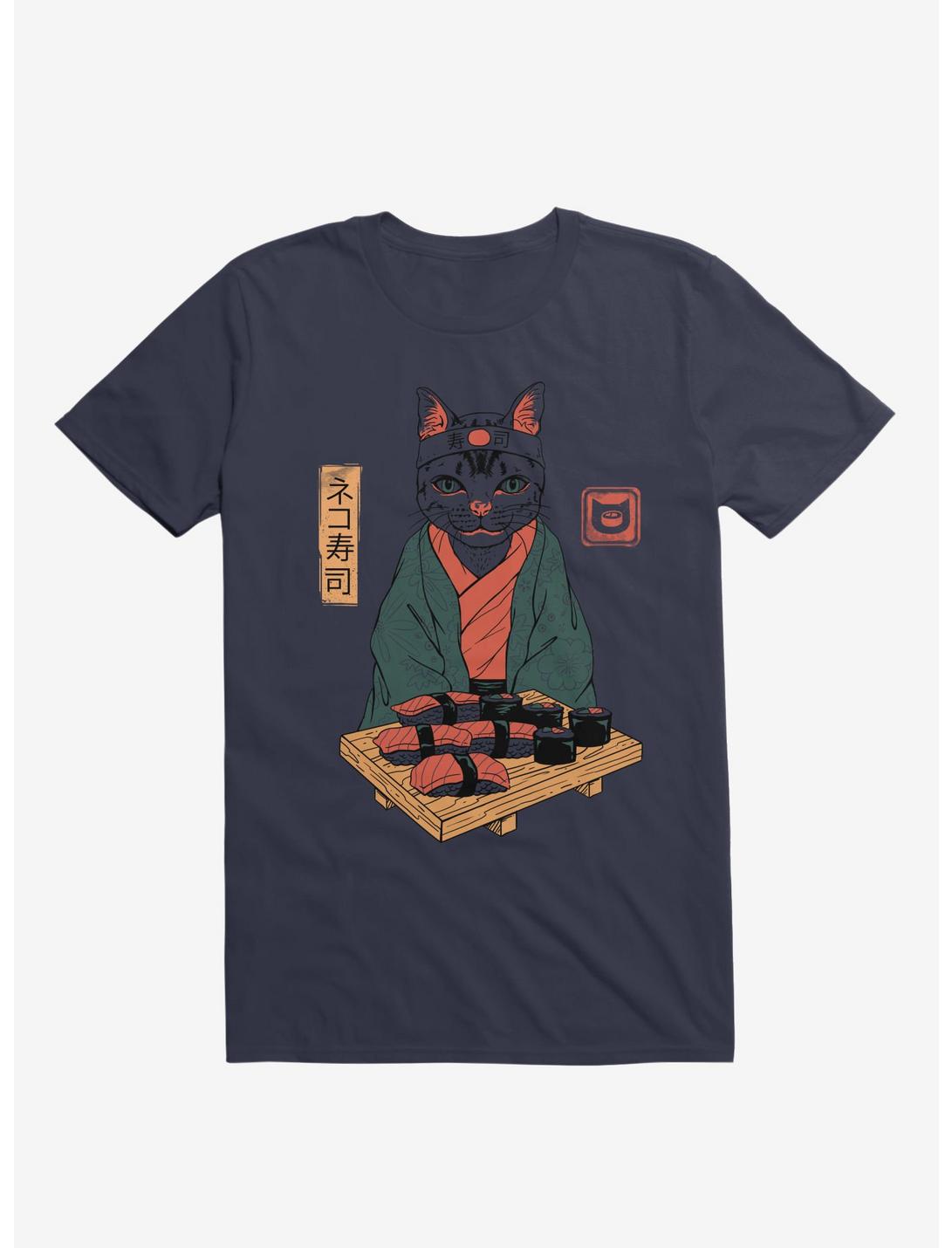 Neko Cat Sushi Bar Navy Blue T-Shirt, NAVY, hi-res