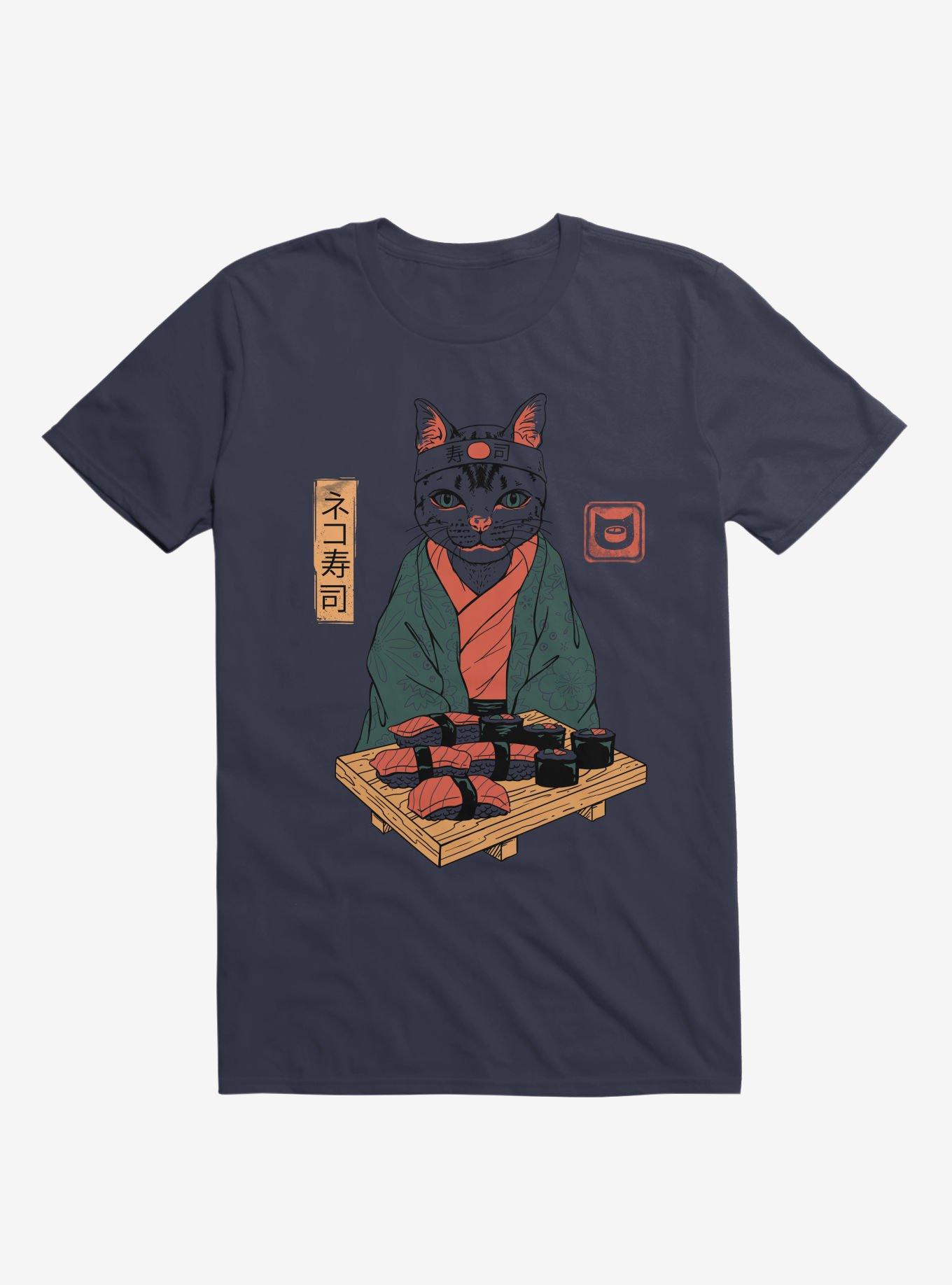 Neko Cat Sushi Bar Navy Blue T-Shirt, , hi-res