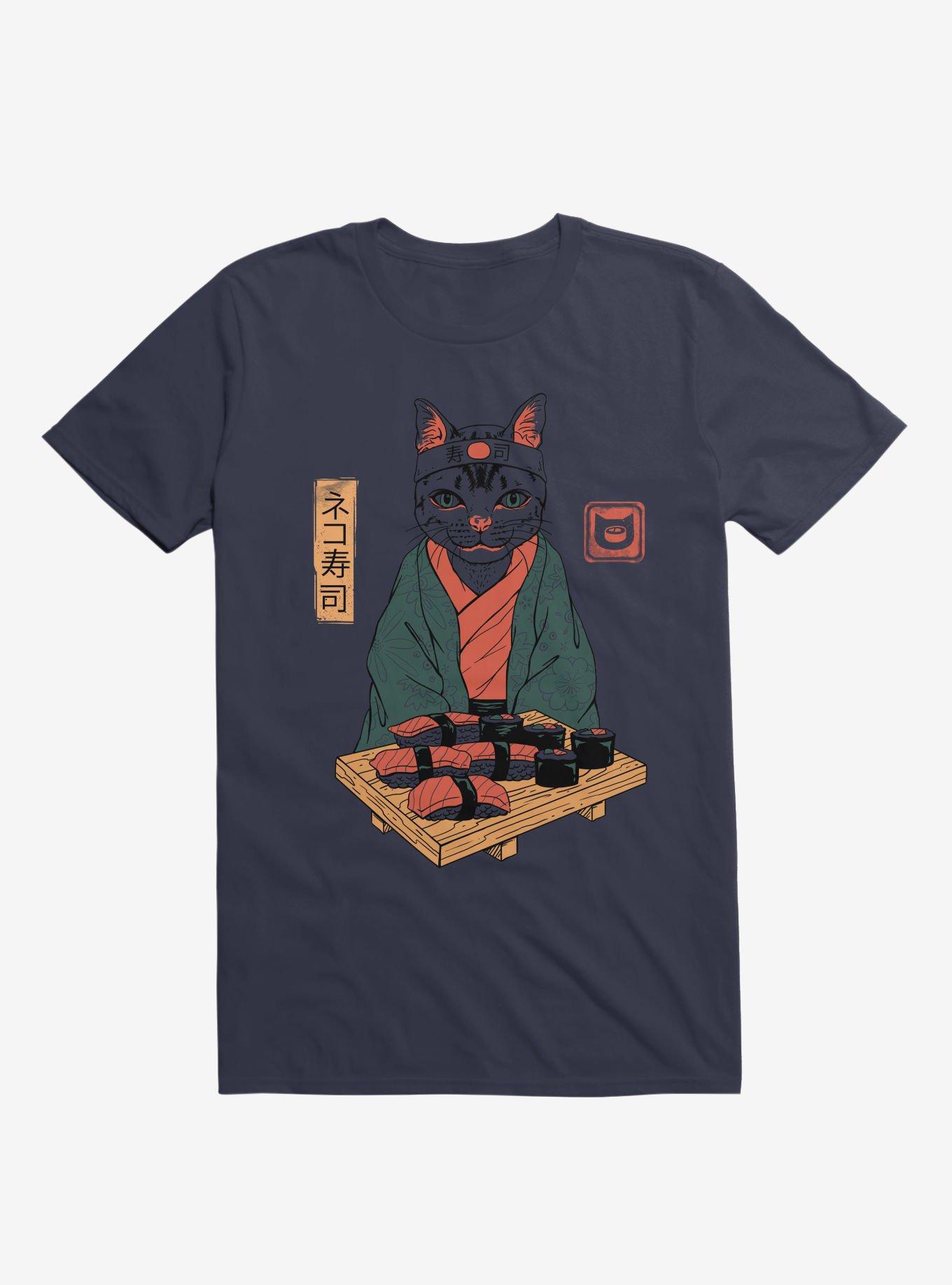 Neko Cat Sushi Bar Navy Blue T-Shirt, , hi-res