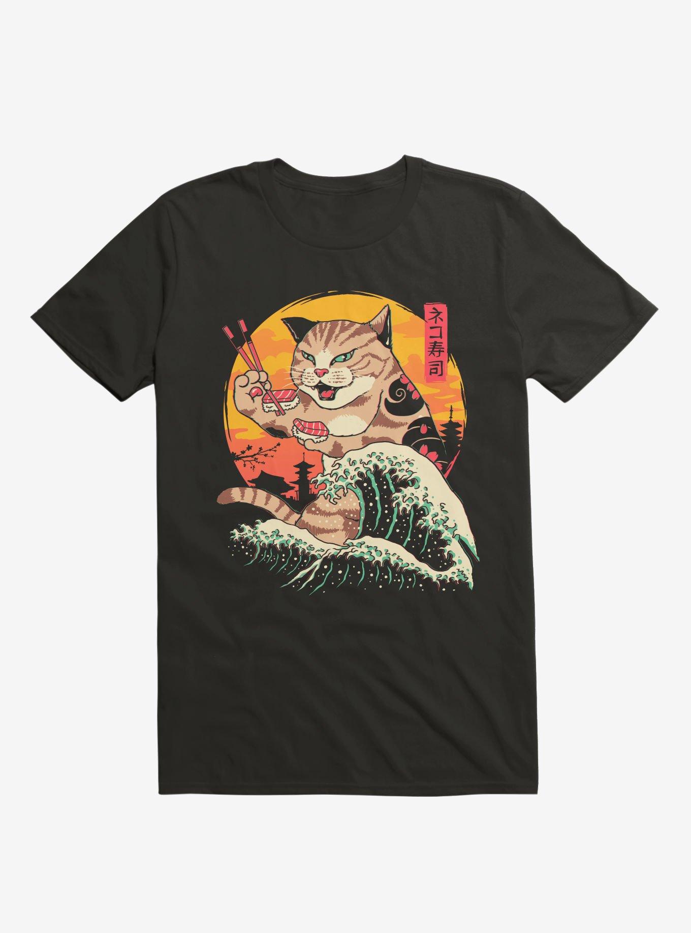 Neko Cat Sushi Wave Black T-Shirt, BLACK, hi-res