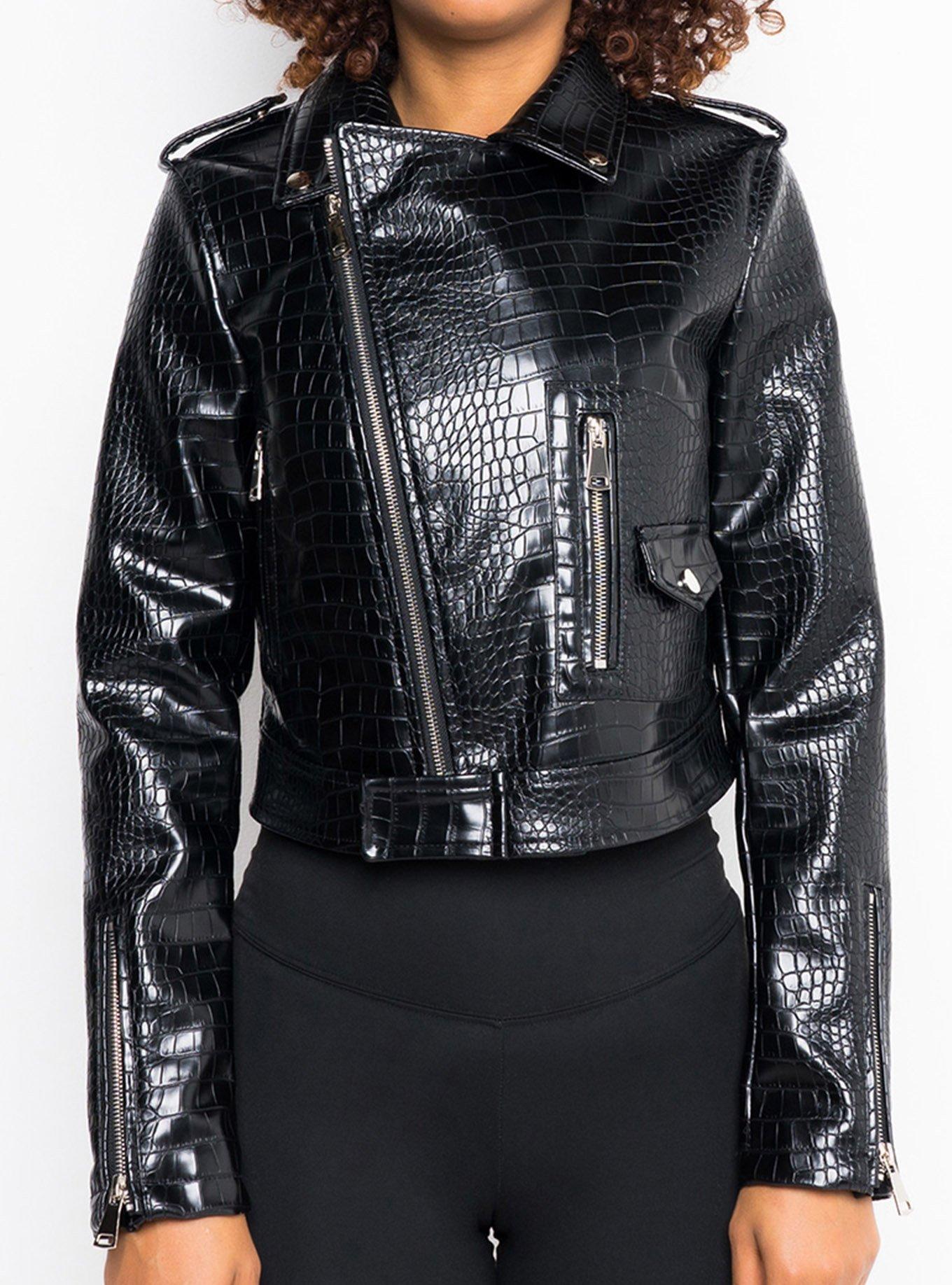 Azalea Wang Croc It To Me Faux Leather Jacket, BLACK, hi-res
