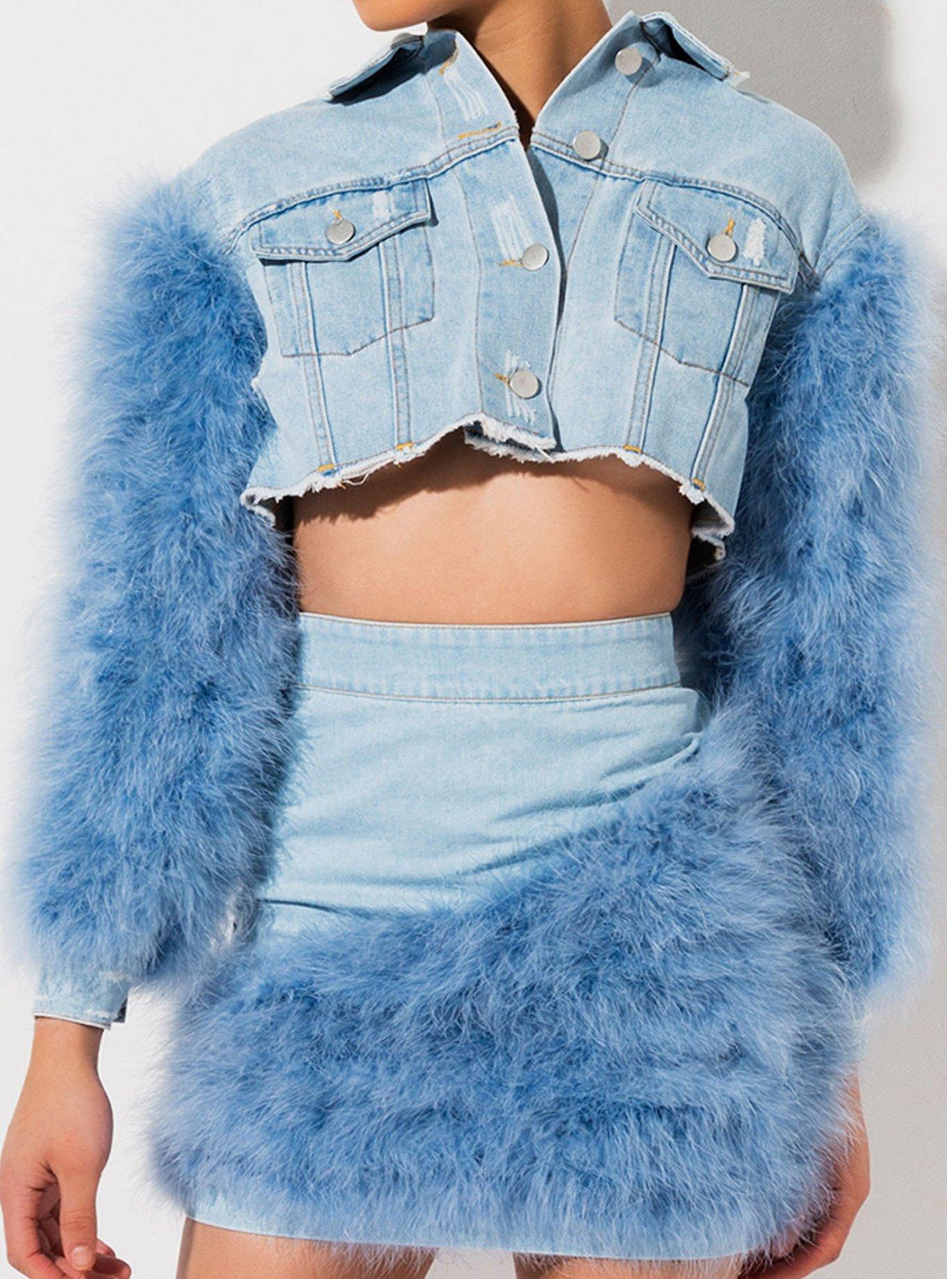 Azalea Wang Angel Baby Ostrich Feather Denim Jacket, BLUE, hi-res